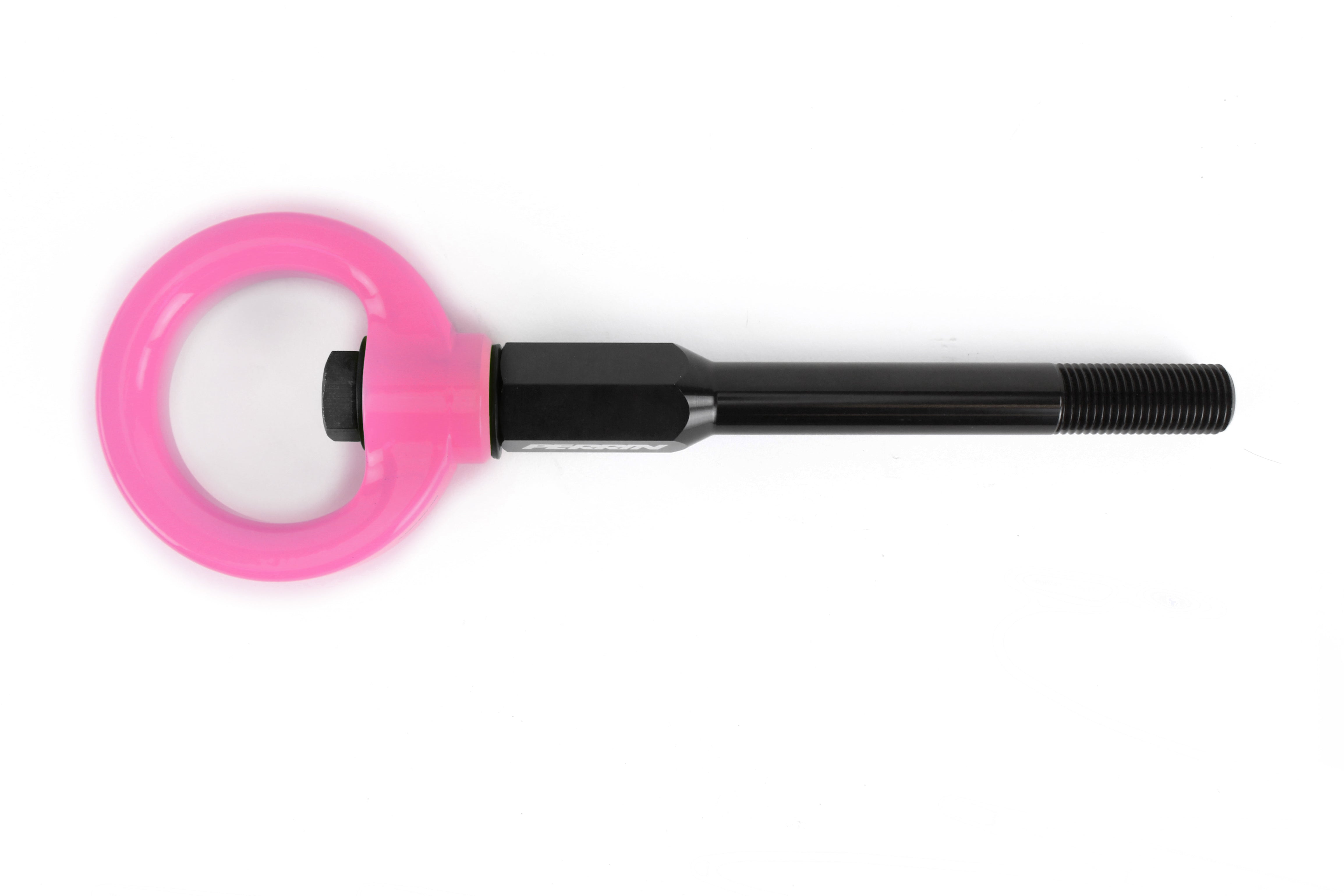 Front tow hook for 2002-2007 Subaru WRX, STI, and Impreza, featuring a durable black shaft and vibrant pink ring.