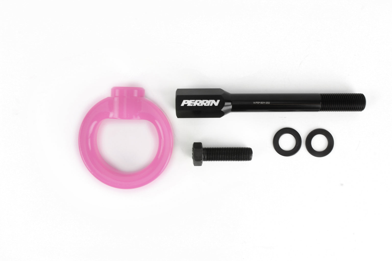 Front tow hook kit for 2002-2007 WRX, STI, and Impreza, featuring a pink ring and black mounting hardware.