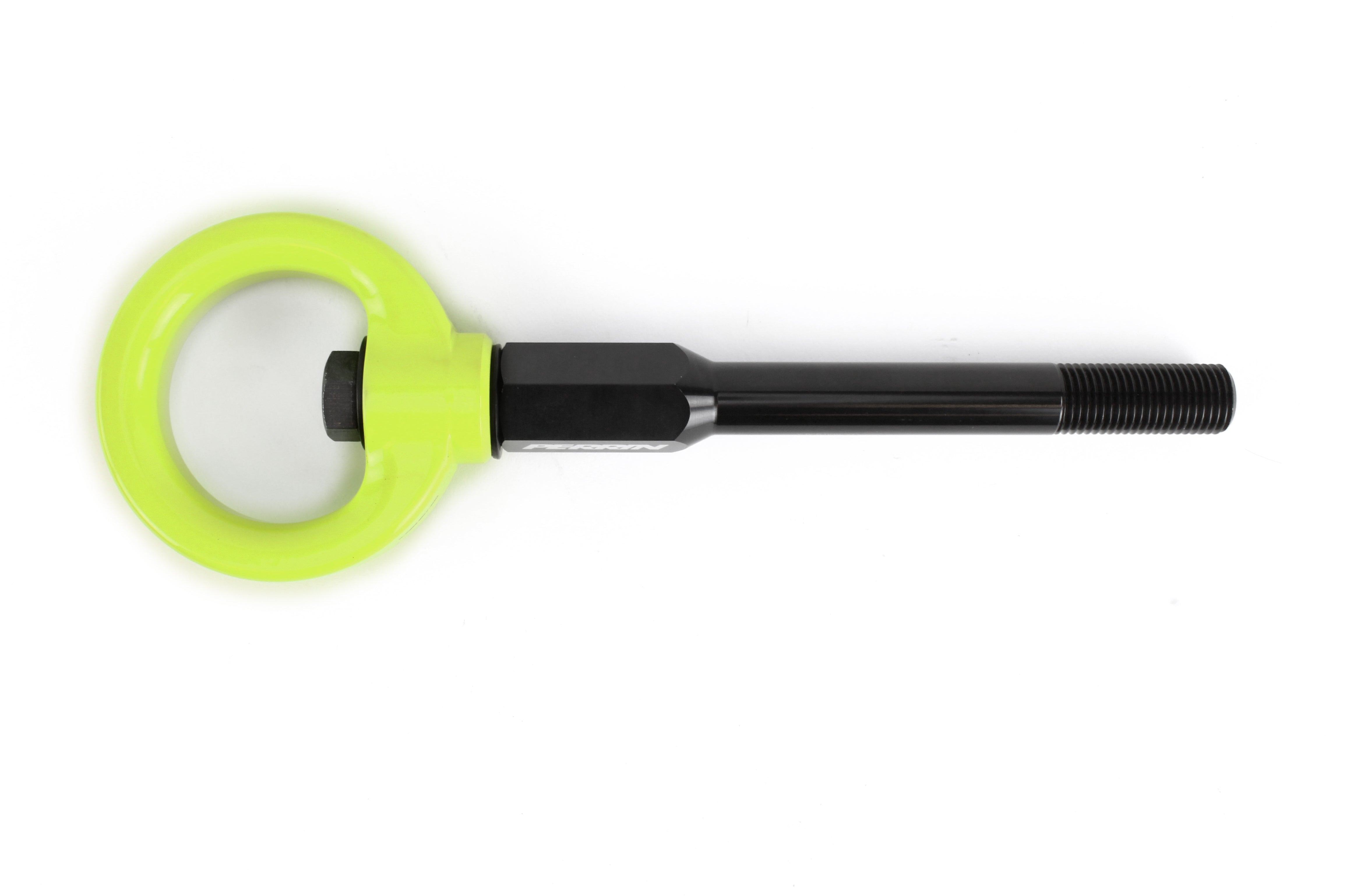 Front tow hook for 2002-2007 Subaru WRX, STI, and Impreza, featuring a bright green ring and durable black shaft.