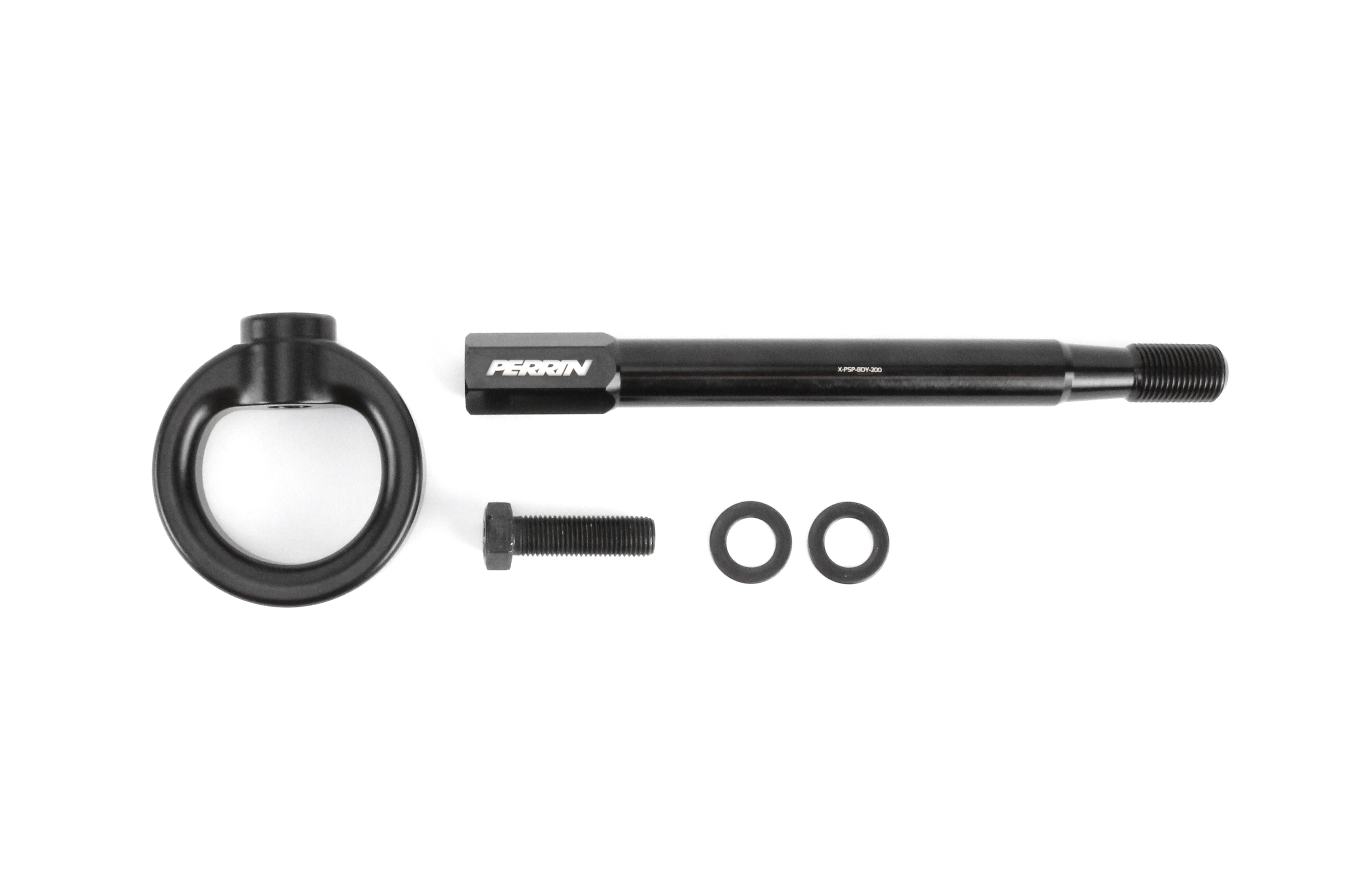 Front tow hook for 2008-2014 Subaru WRX, STI, Legacy, and Impreza with mounting hardware included.