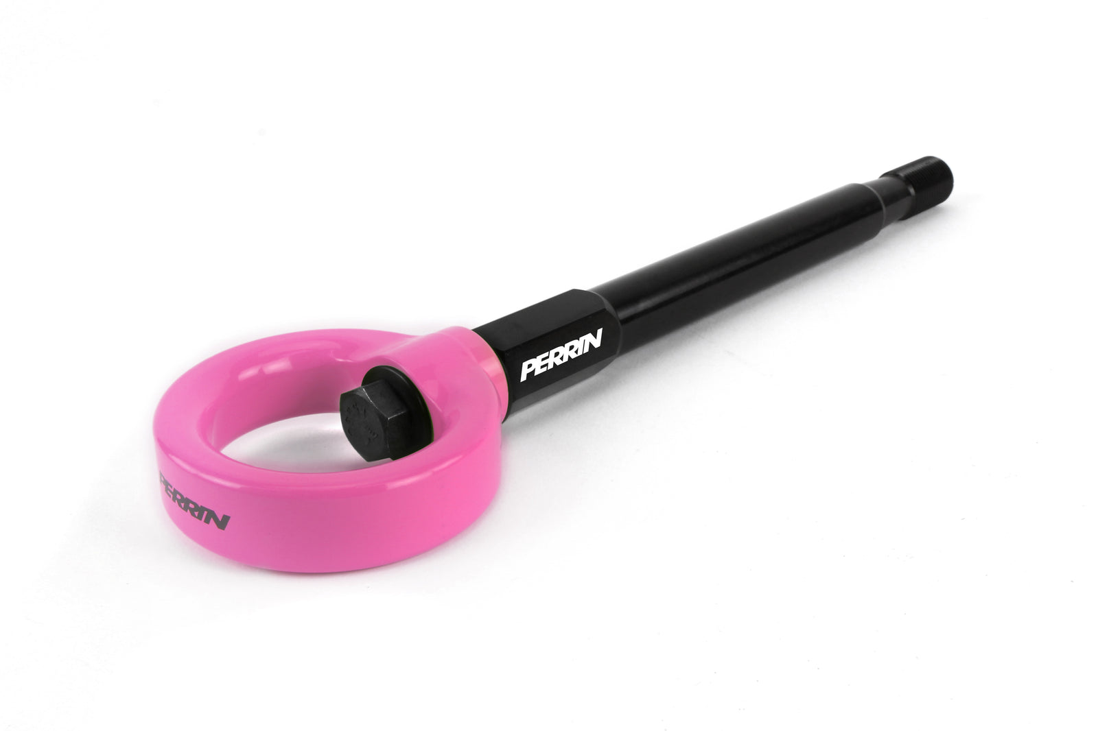 Front tow hook for 2008-2014 WRX, STI, Legacy, and Impreza, featuring a pink ring and black shaft for durability.