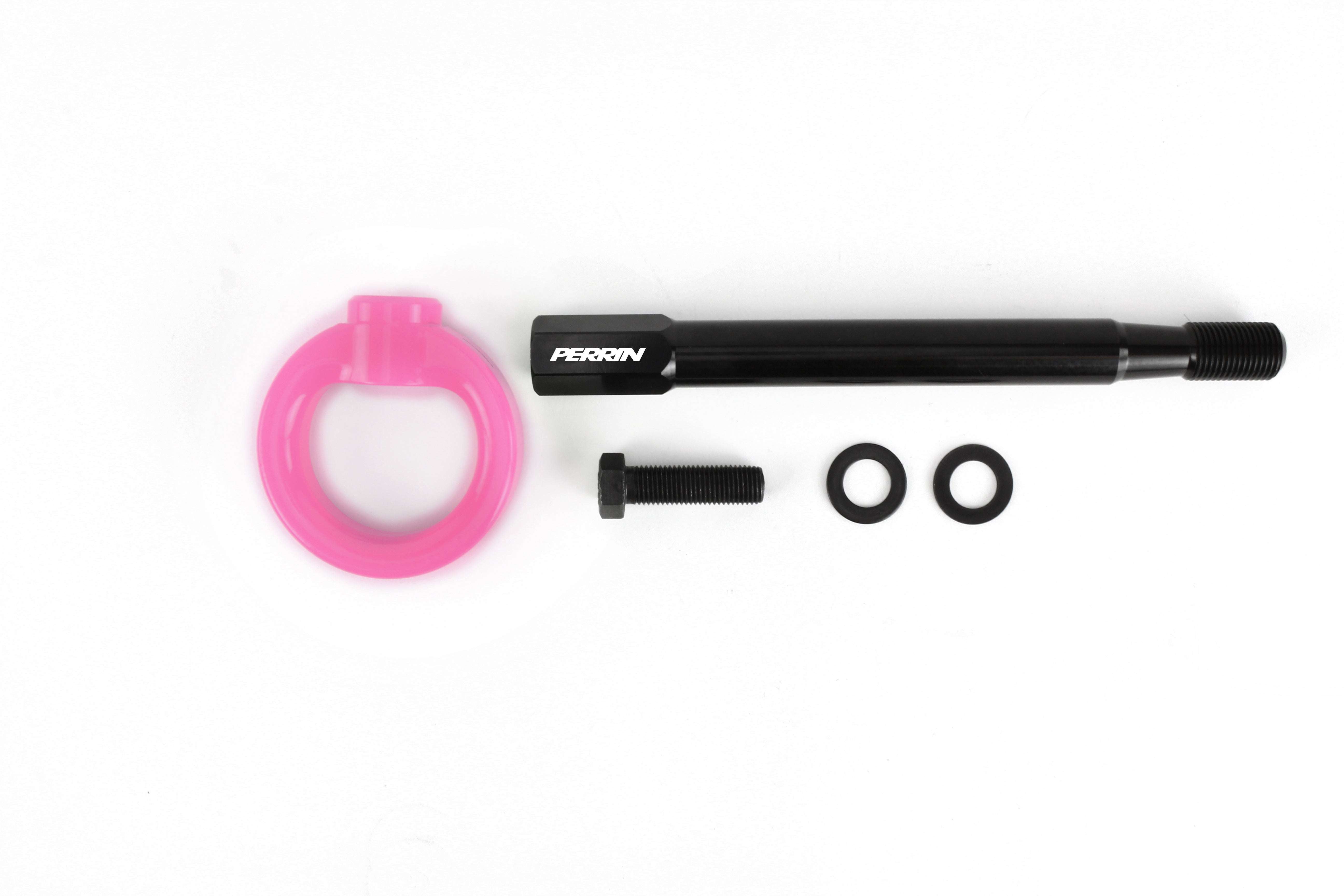 Front tow hook for 2008-2014 WRX, STI, Legacy, and Impreza, featuring a pink ring and black mounting hardware.