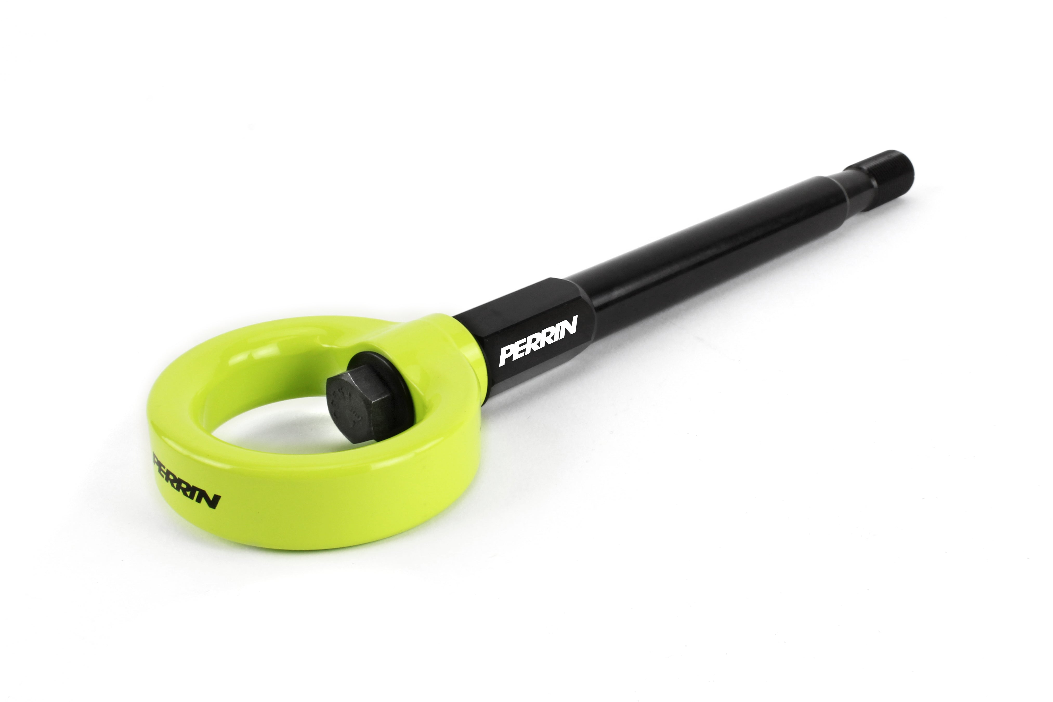 Front tow hook for 2008-2014 WRX, STI, Legacy, and Impreza, featuring a bright green ring and durable black shaft.