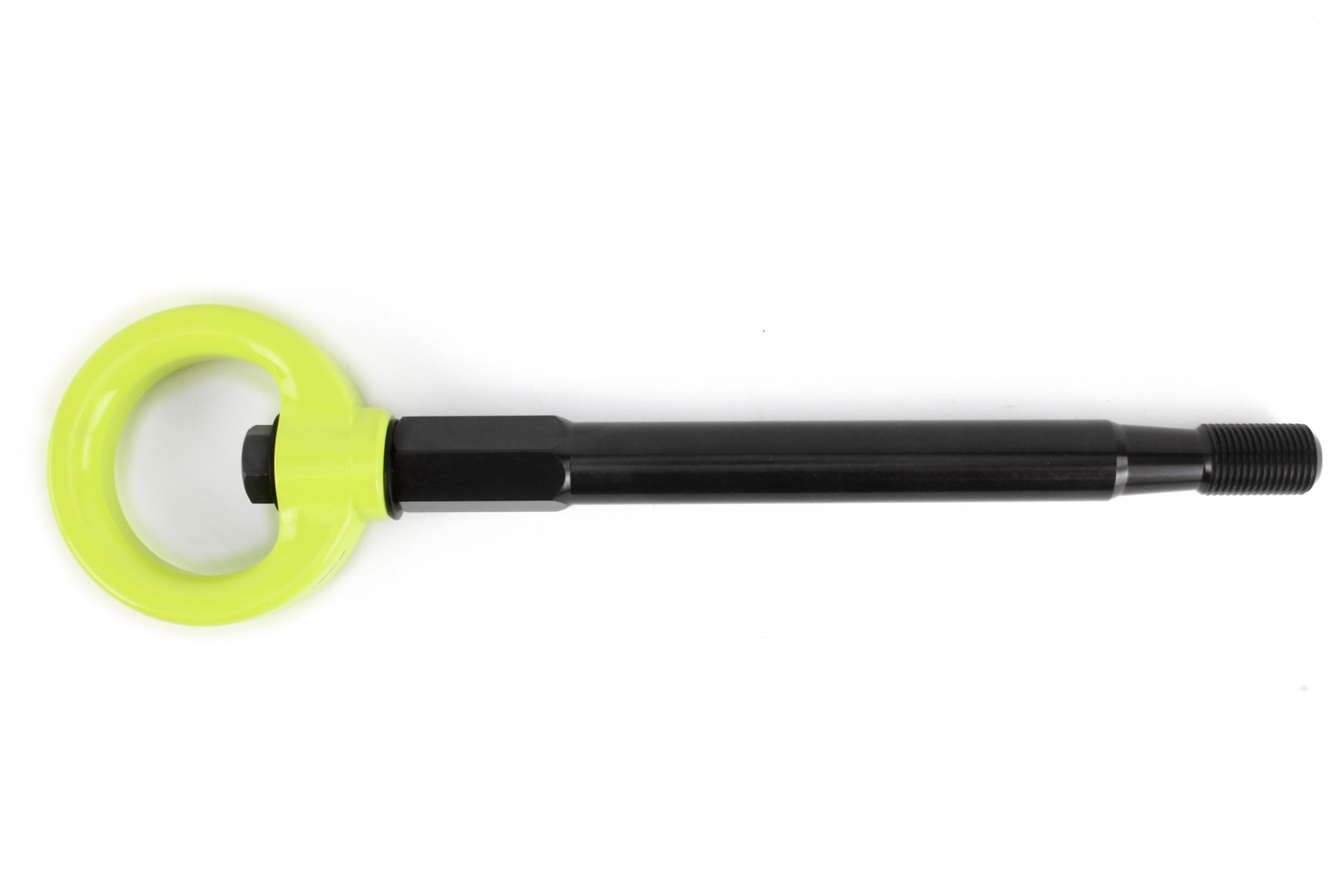 Front tow hook for 2008-2014 WRX, STI, Legacy, and Impreza, featuring a durable black shaft and bright yellow ring.