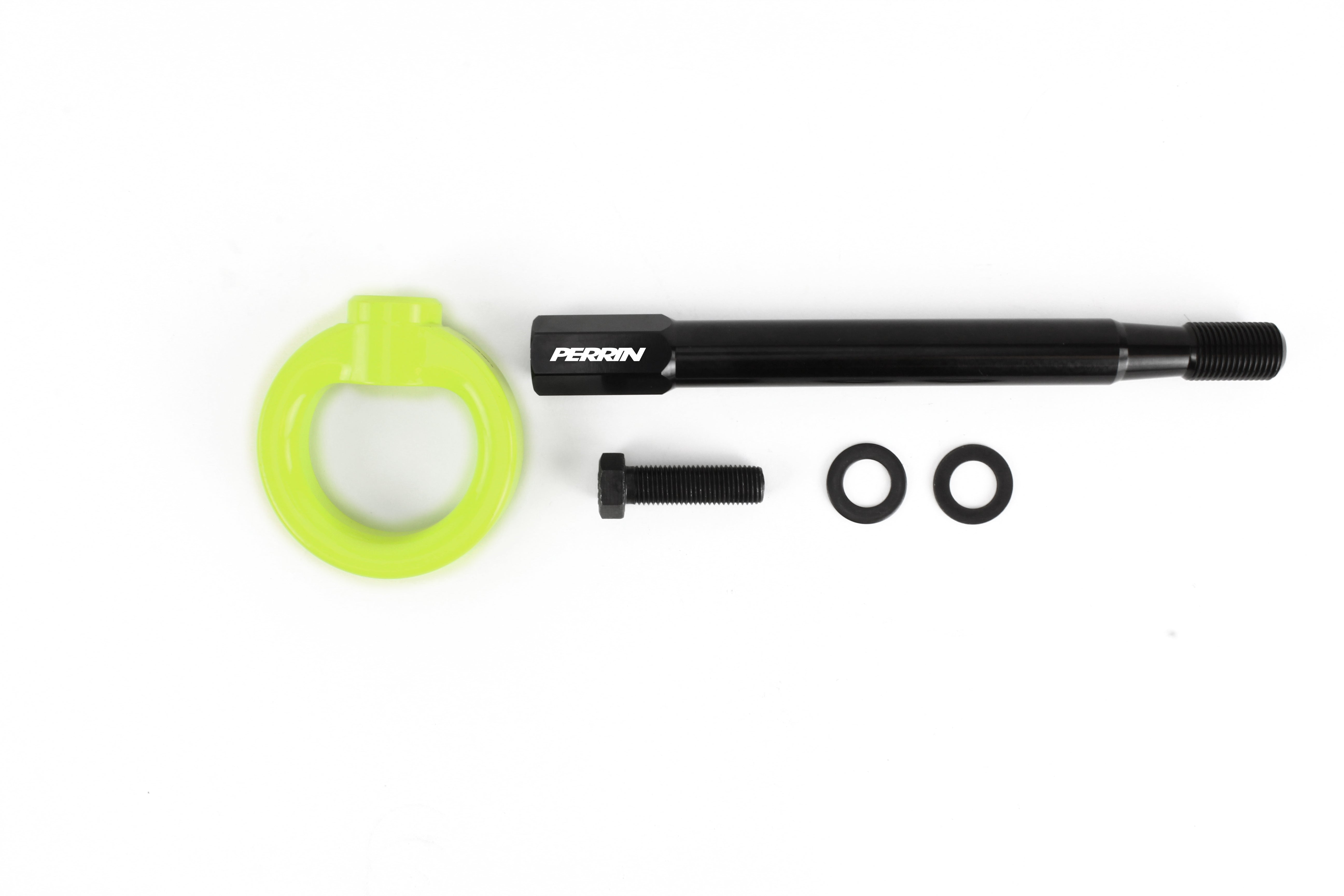 Front tow hook kit for 2008-2014 WRX, STI, Legacy, and Impreza, featuring a green ring and black bolt for durability.