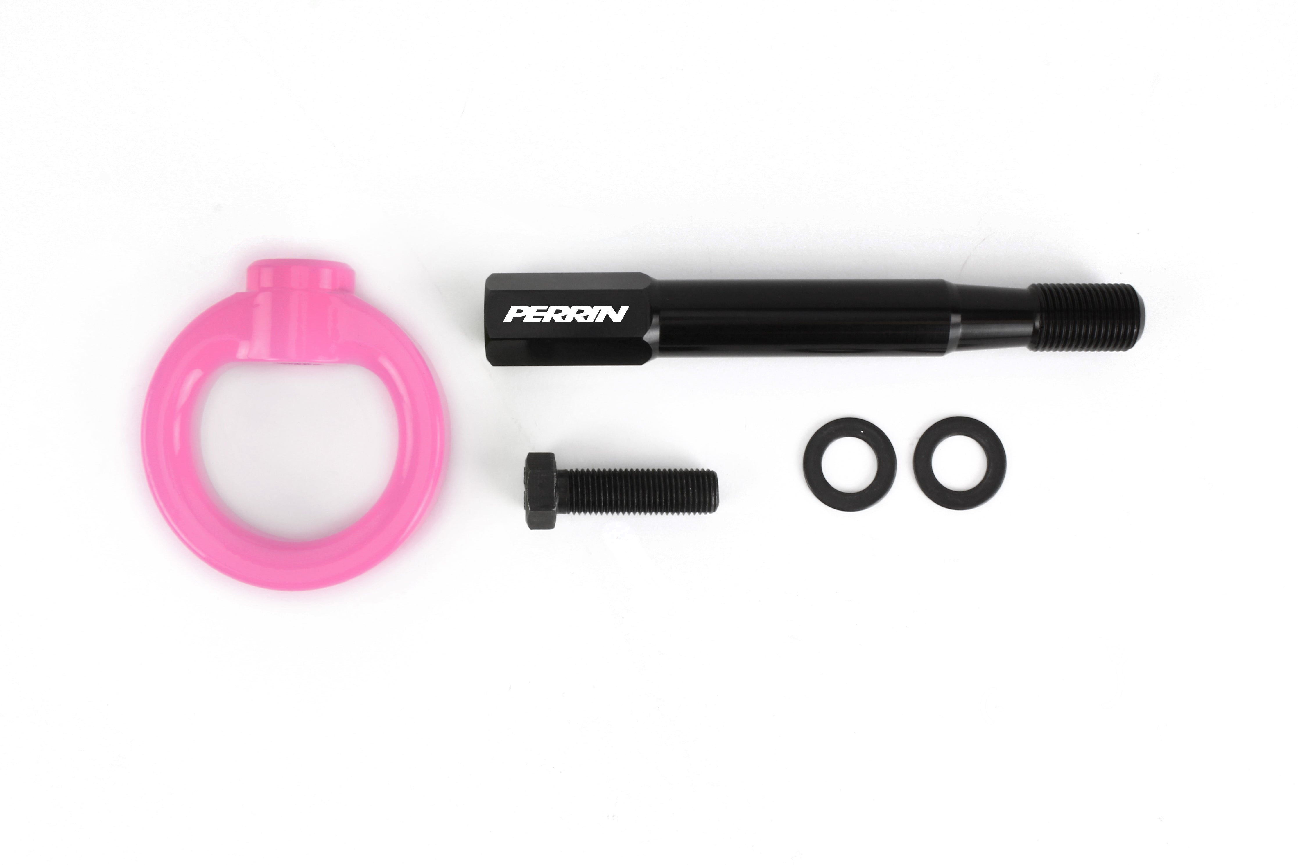 Front tow hook kit for 2018-2021 WRX, STI, BRZ, FR-S, 86 includes pink tow hook, bolt, and washers for easy installation.
