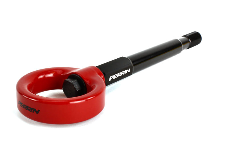 Red tow hook for Crosstrek with a black threaded shaft, featuring the Perrin logo prominently displayed.