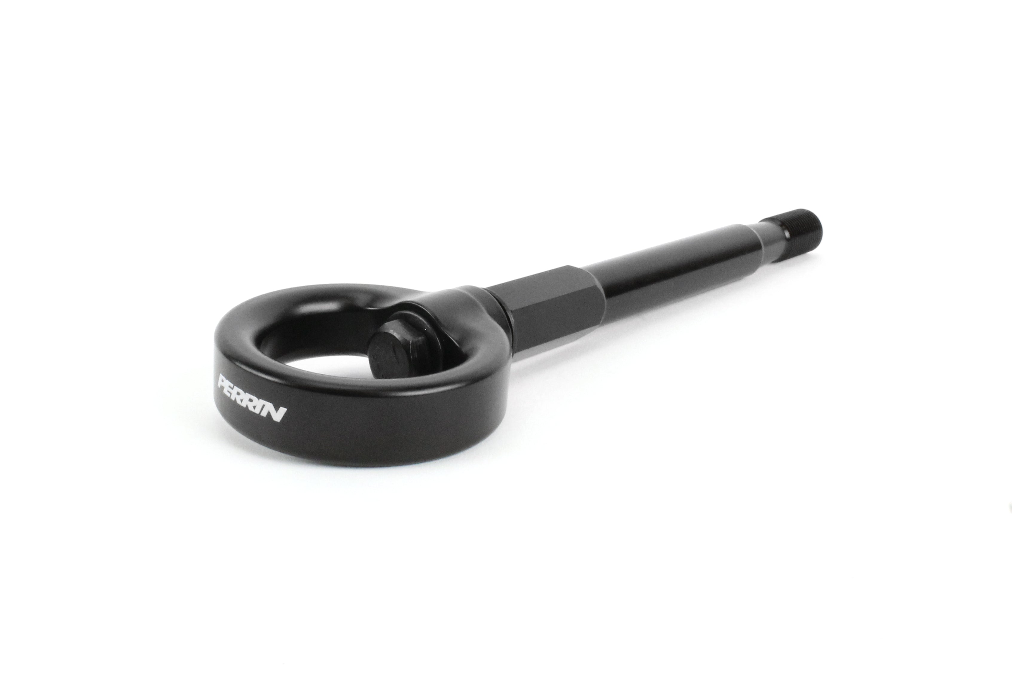 PERRIN Front Tow Hook for Subaru Forester in black, angled studio shot showing hook and black stem