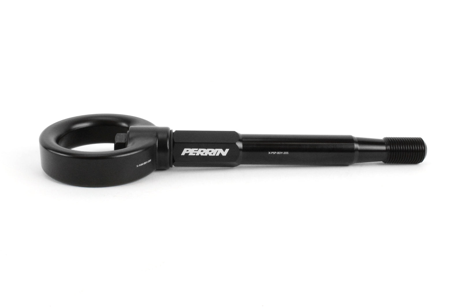 PERRIN Front Tow Hook for Subaru Forester in black, side studio shot showing threaded end and hook detail