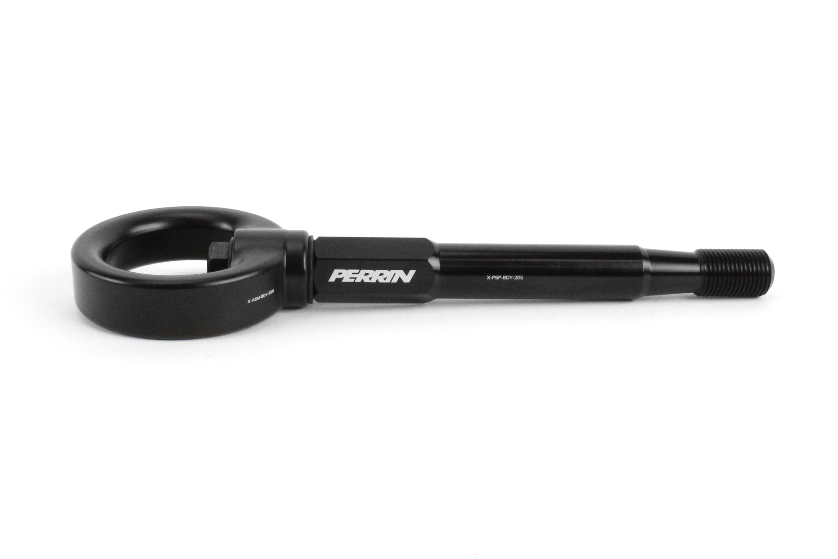 PERRIN Front Tow Hook for Subaru Forester in black, side studio shot showing threaded end and hook detail
