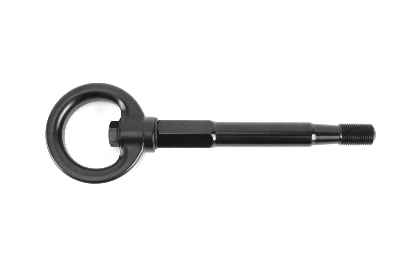 PERRIN Front Tow Hook for Subaru Forester in black, flat lay showing hook and threaded stem end