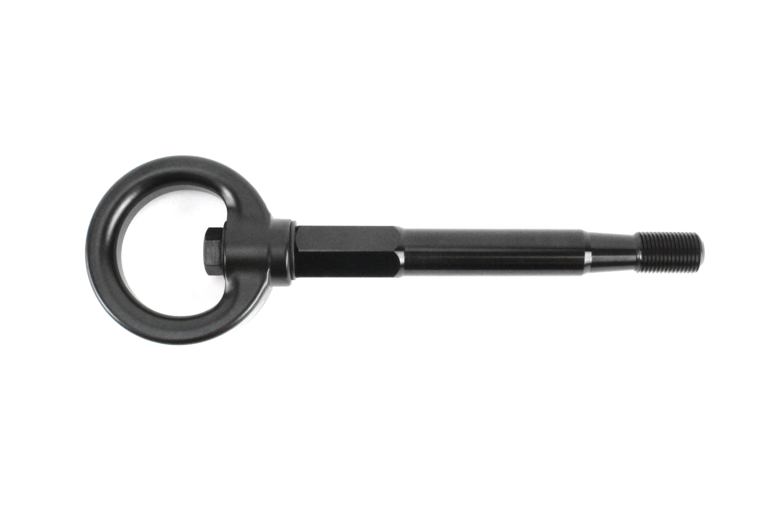 PERRIN Front Tow Hook for Subaru Forester in black, flat lay showing hook and threaded stem end