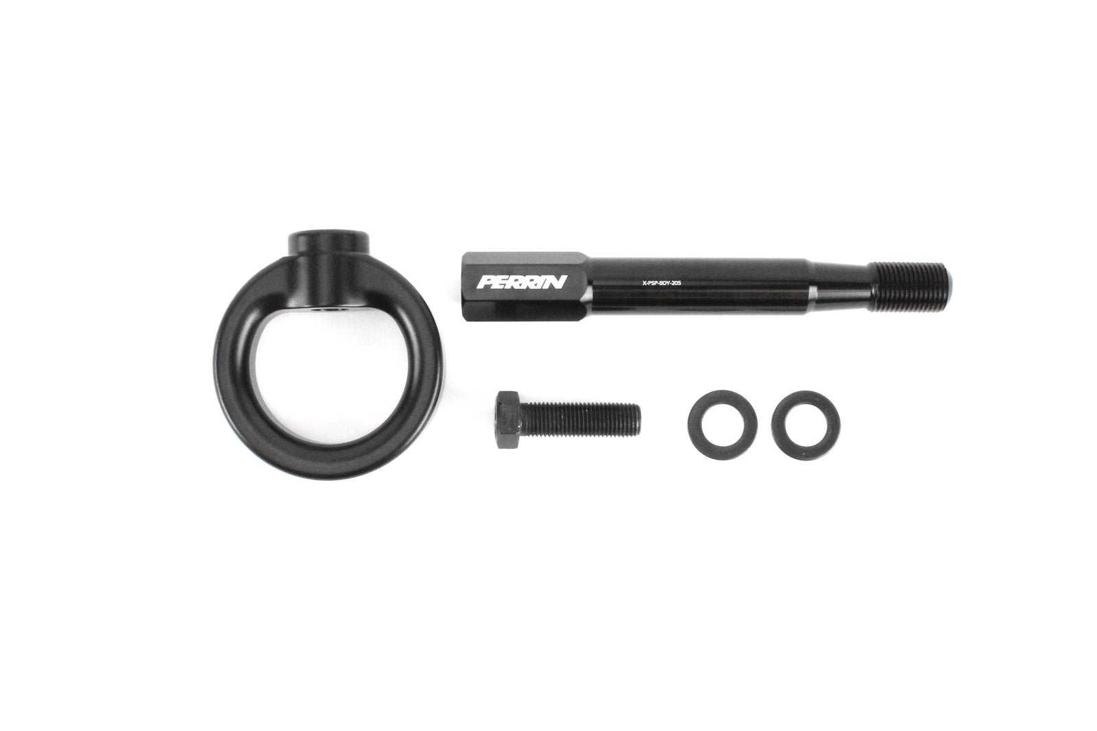 PERRIN Front Tow Hook for Subaru Forester in black, flat lay showing disassembled hook, stem, bolt, and washers