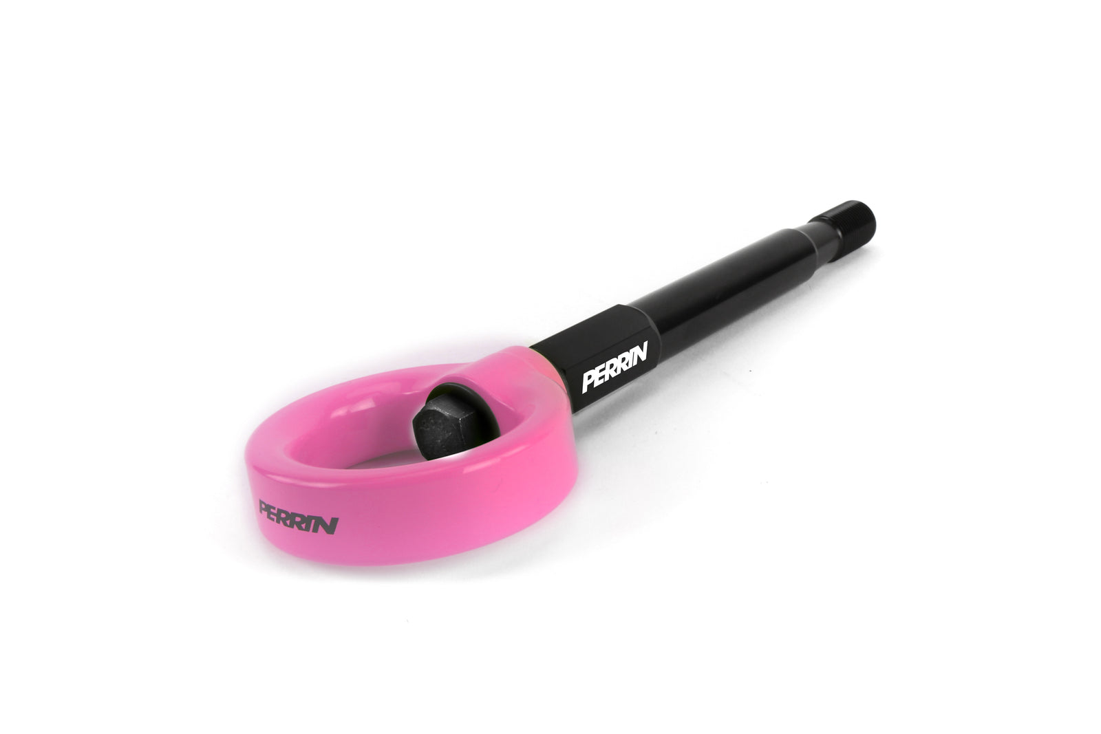 PERRIN Front Tow Hook for Subaru Forester in pink, angled studio shot showing hook and black stem