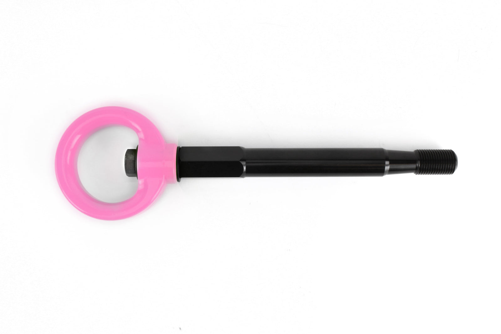 PERRIN Front Tow Hook for Subaru Forester in pink, flat lay showing hook and threaded stem end