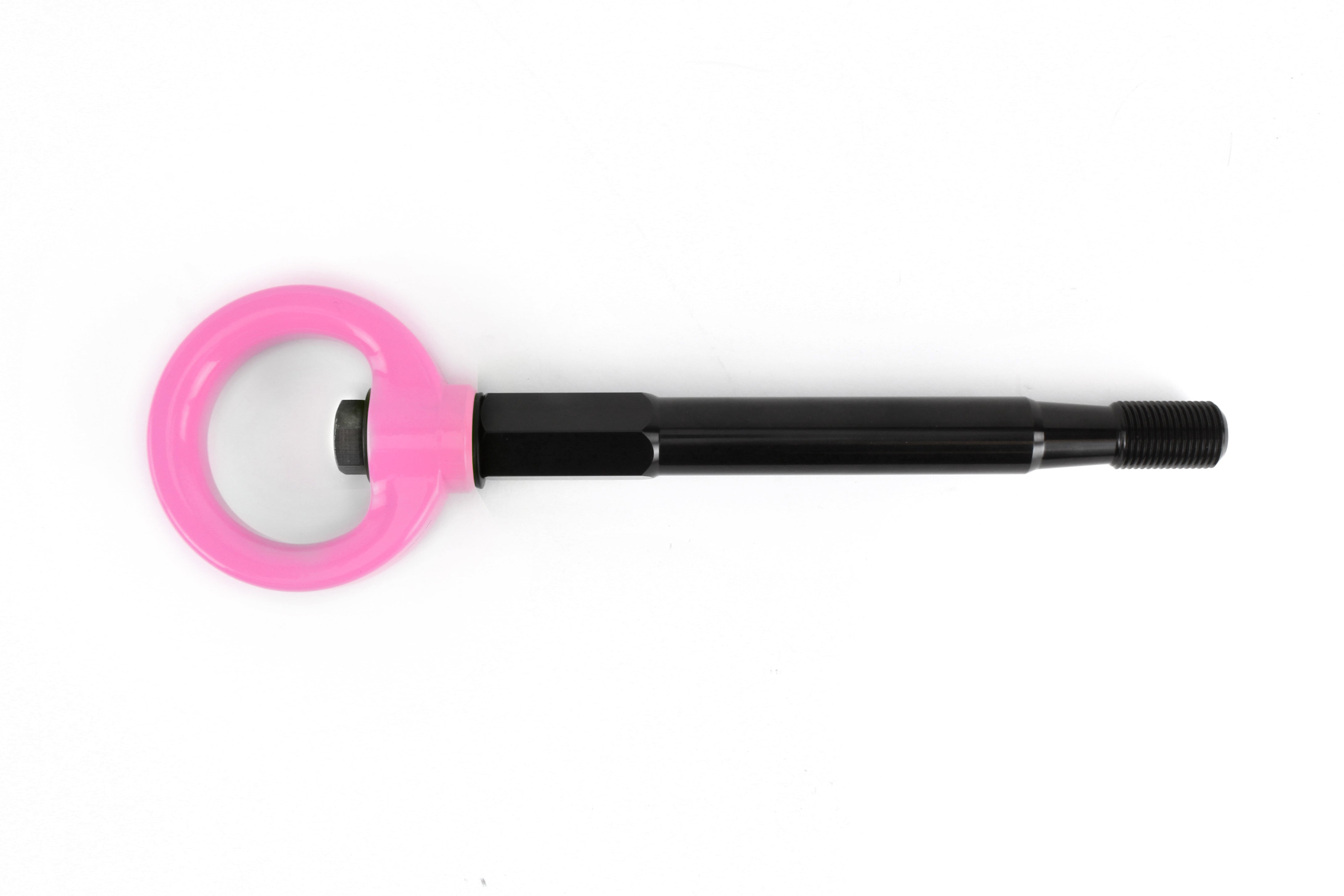 PERRIN Front Tow Hook for Subaru Forester in pink, flat lay showing hook and threaded stem end
