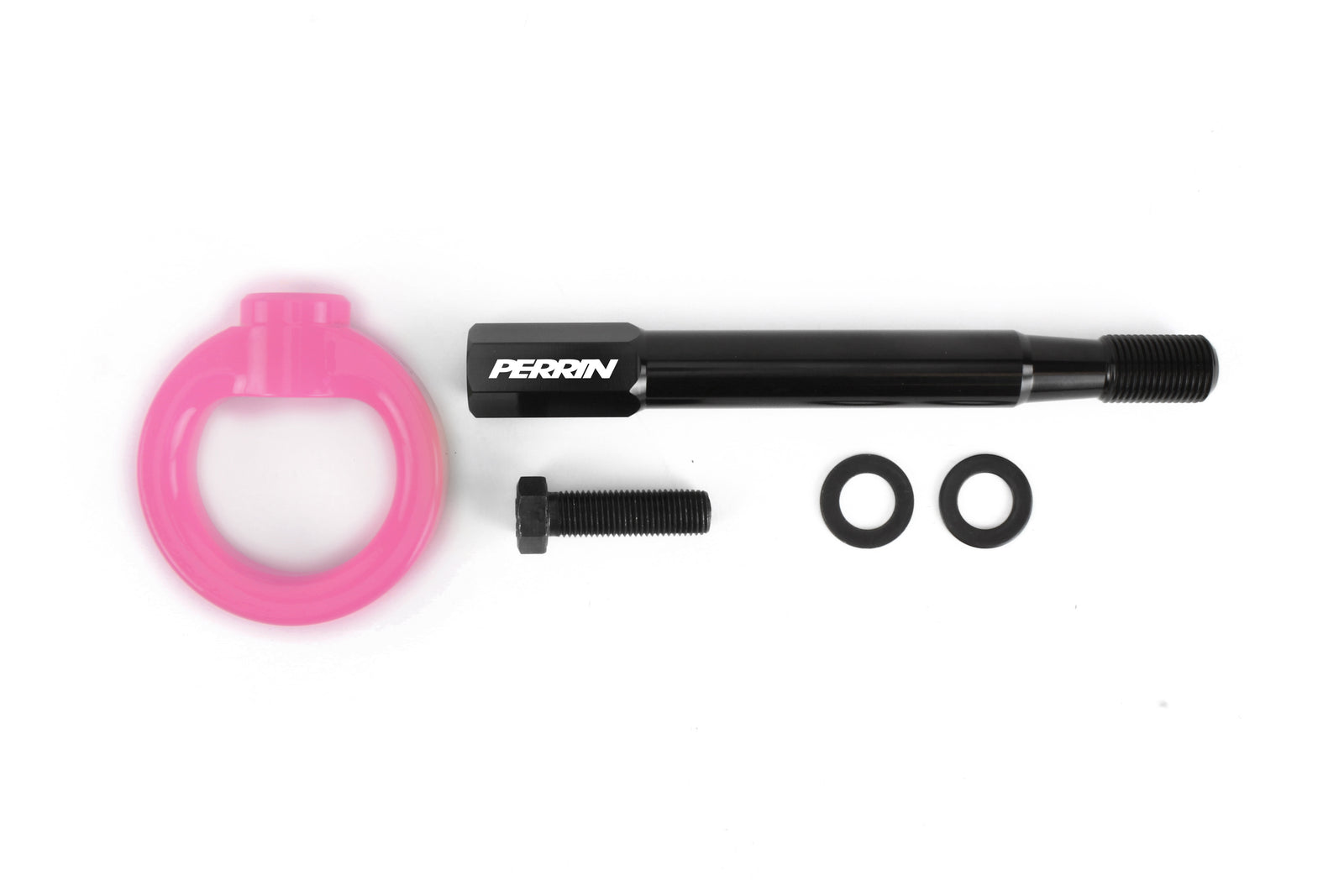 PERRIN Front Tow Hook for Subaru Forester in pink, flat lay showing disassembled hook, stem, bolt, and washers