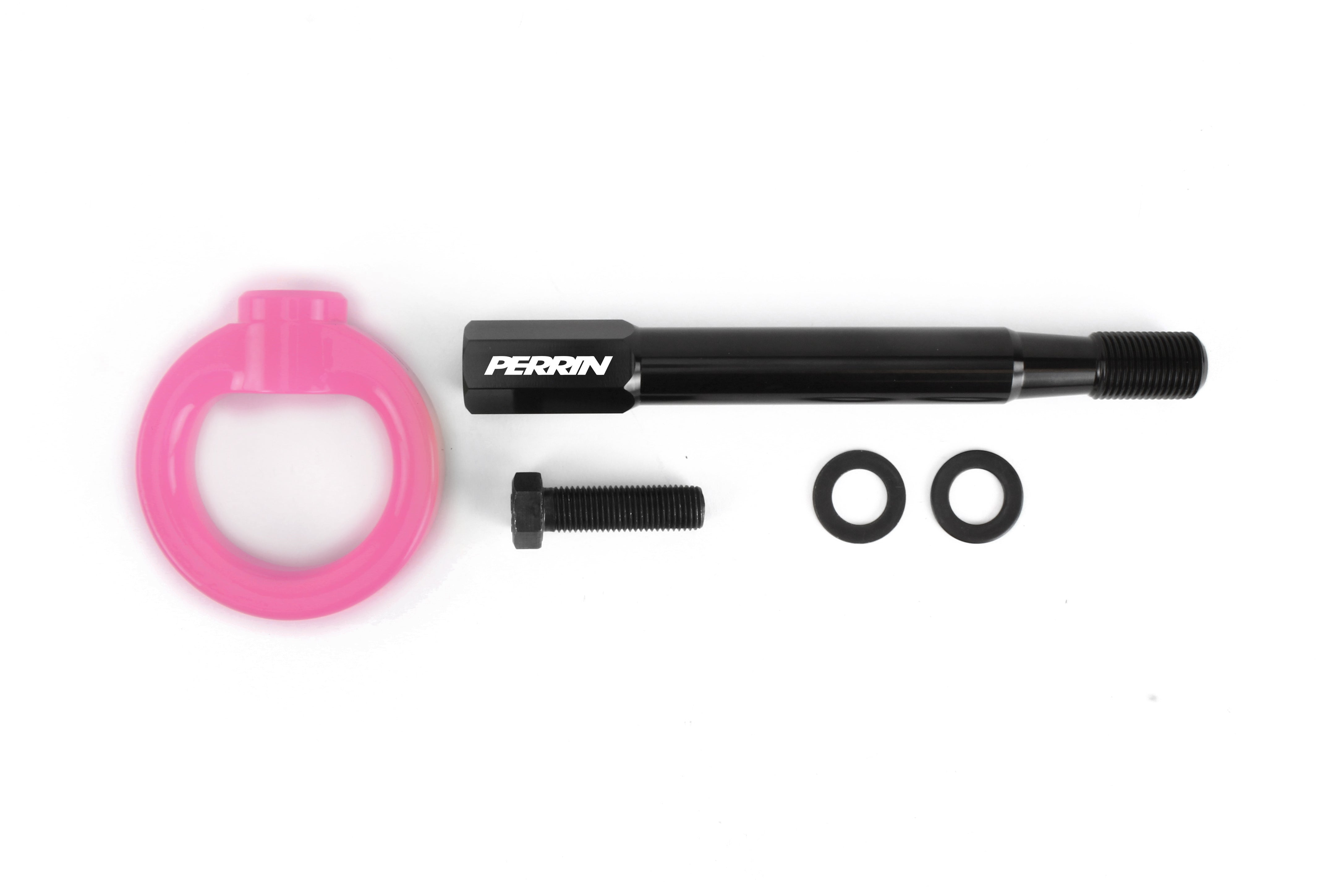 PERRIN Front Tow Hook for Subaru Forester in pink, flat lay showing disassembled hook, stem, bolt, and washers