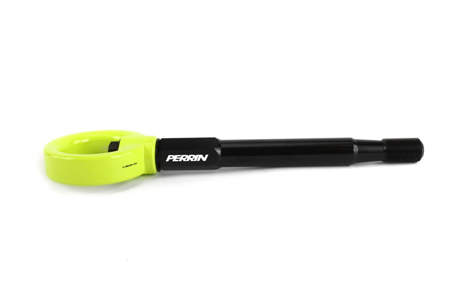 PERRIN Front Tow Hook for Subaru Forester in neon yellow, side studio shot showing threaded end and hook detail