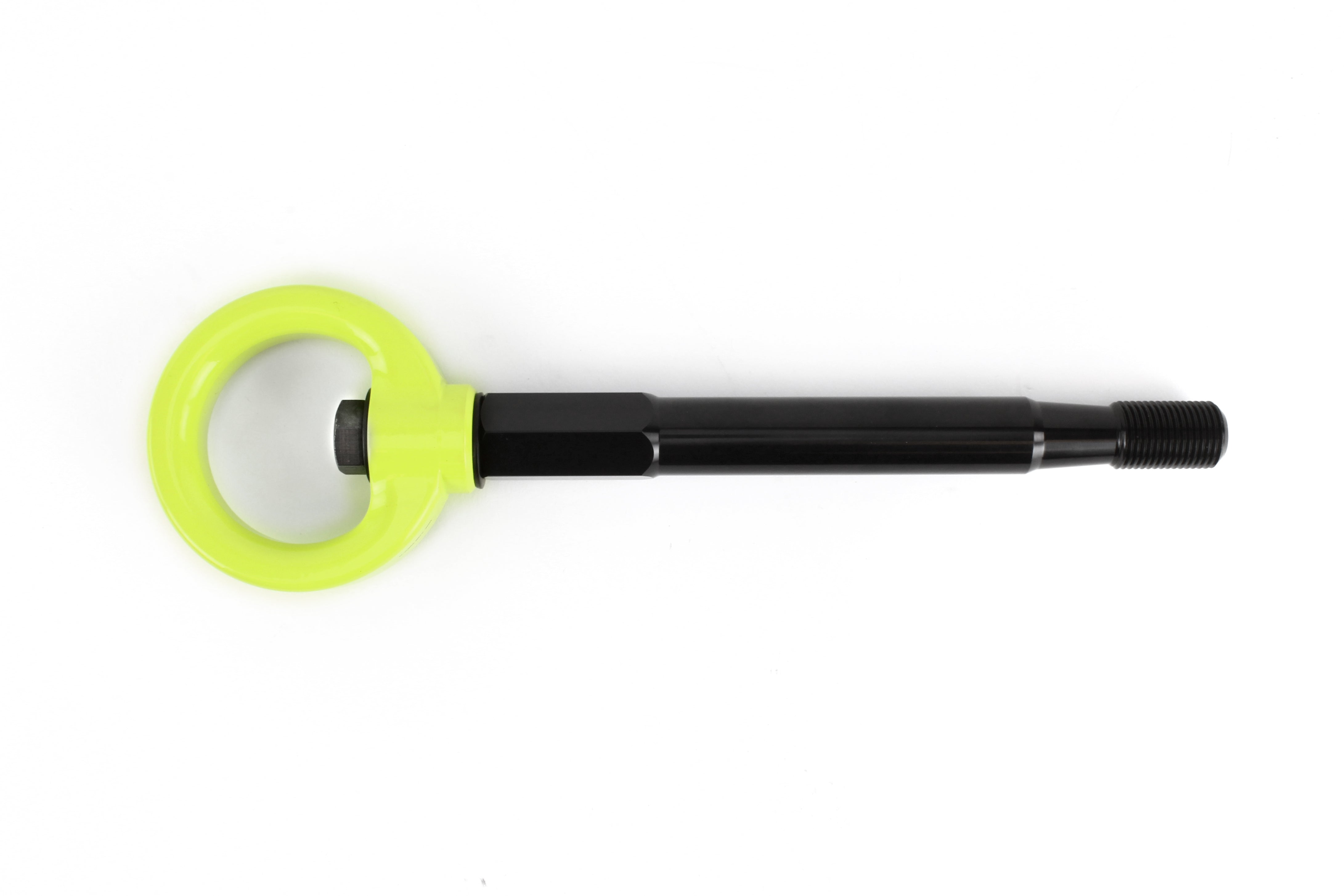 PERRIN Front Tow Hook for Subaru Forester in neon yellow, flat lay showing hook and threaded stem end