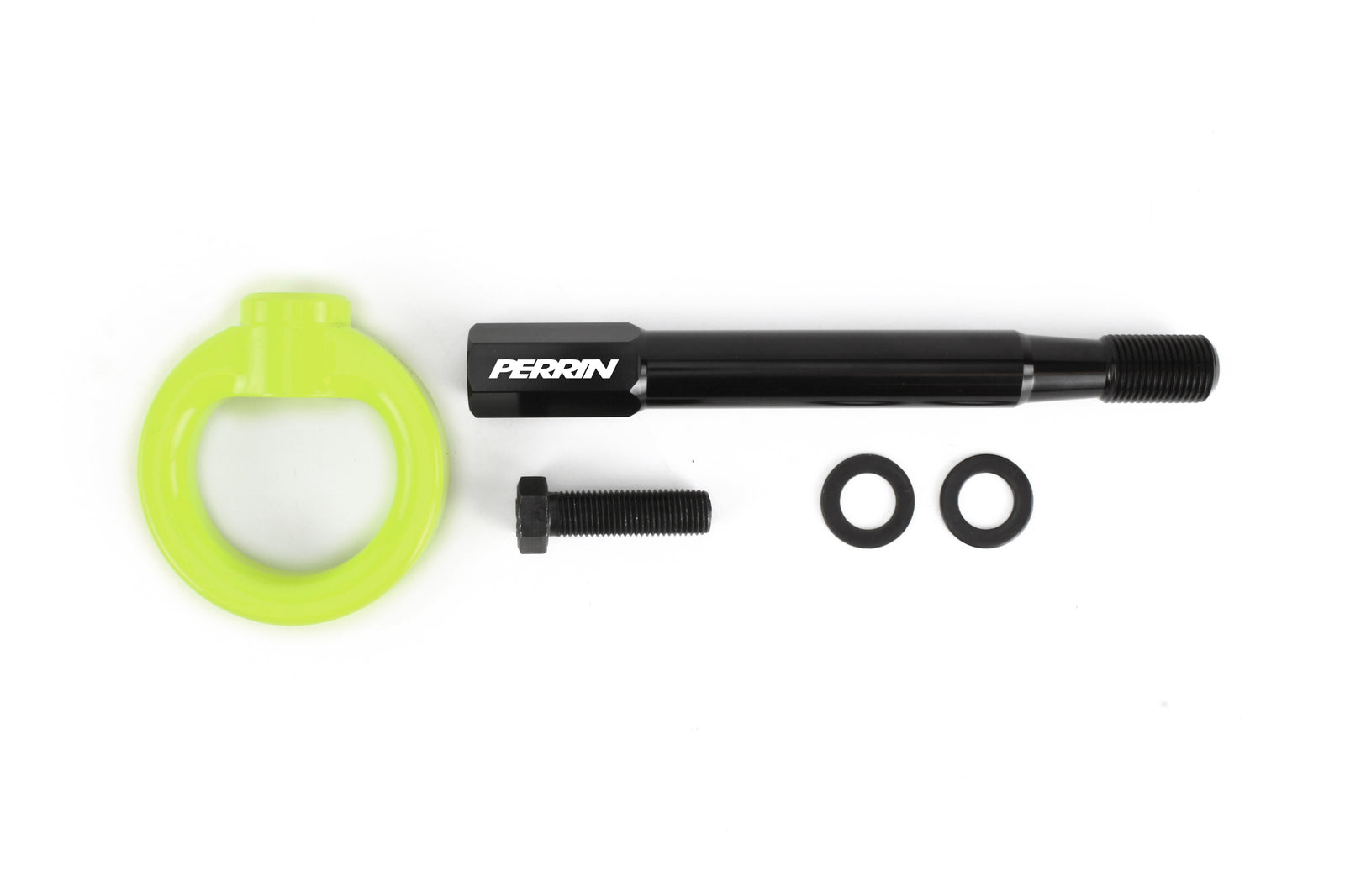 PERRIN Front Tow Hook for Subaru Forester in neon yellow, flat lay showing disassembled hook, stem, bolt, and washers