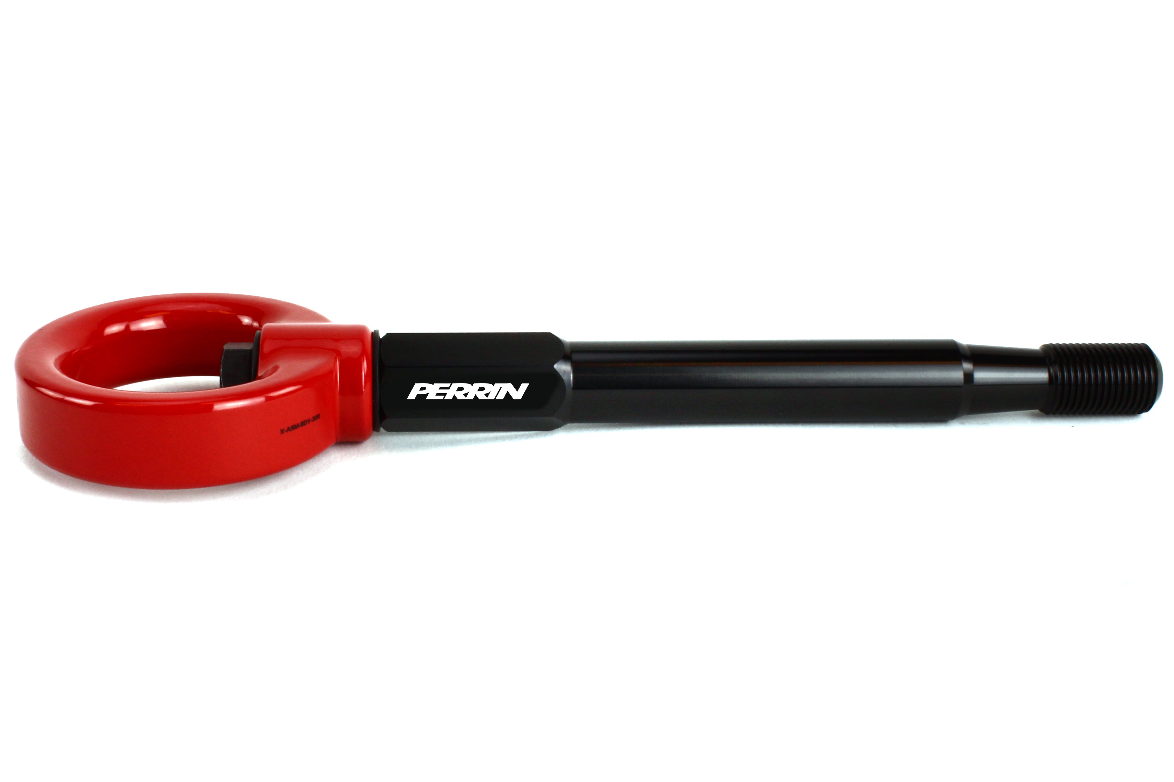 PERRIN Front Tow Hook for Subaru Forester in red, side studio shot showing threaded end and hook detail