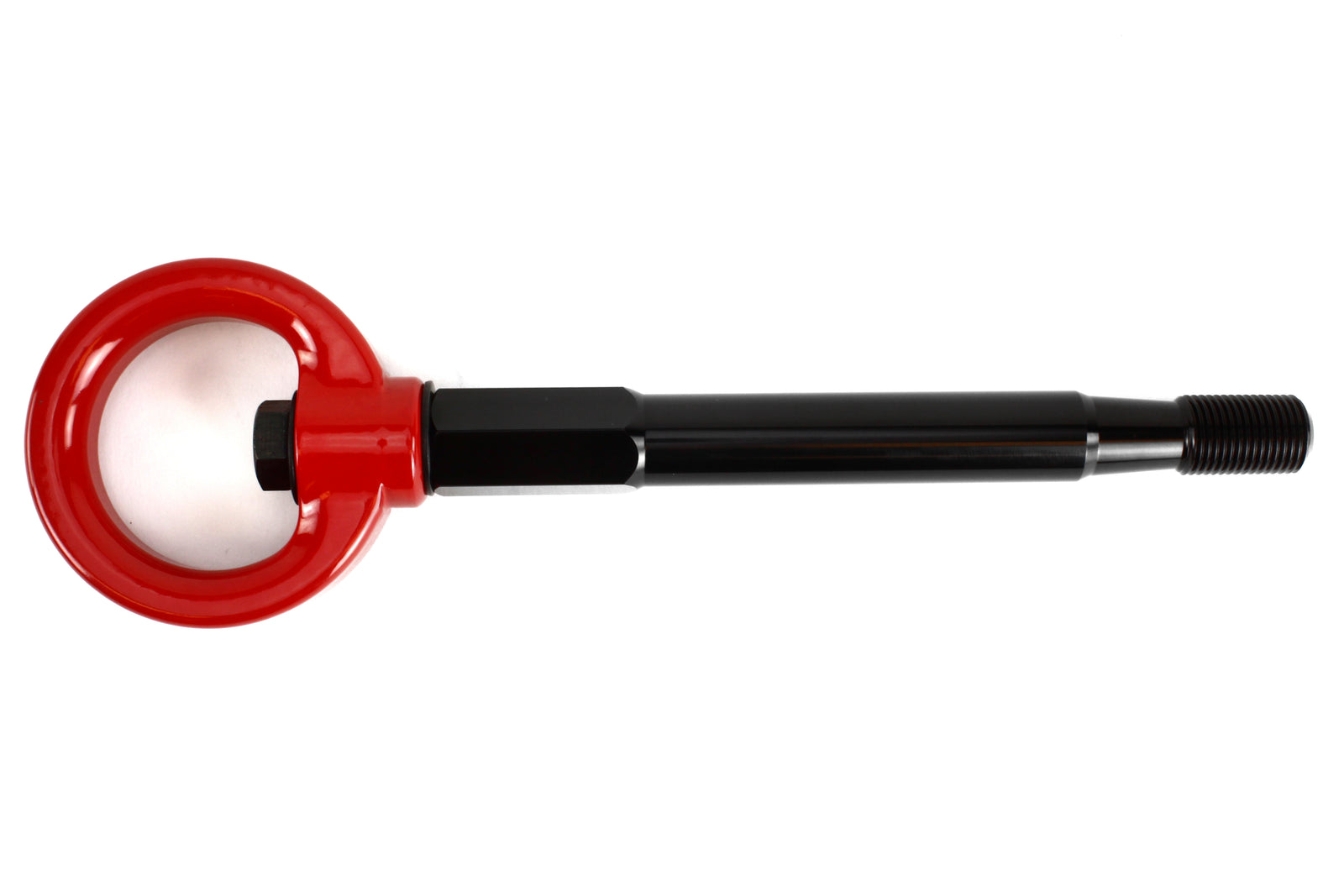 PERRIN Front Tow Hook for Subaru Forester in red, flat lay showing hook and threaded stem end
