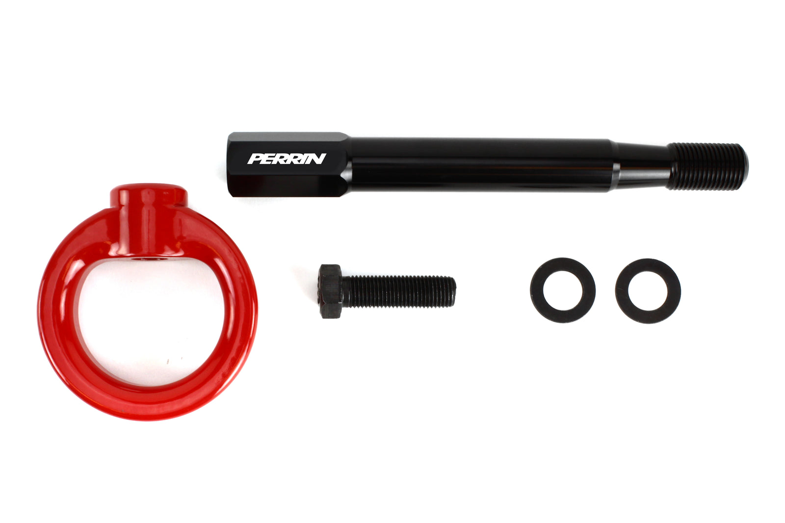 PERRIN Front Tow Hook for Subaru Forester in red, flat lay showing disassembled hook, stem, bolt, and washers