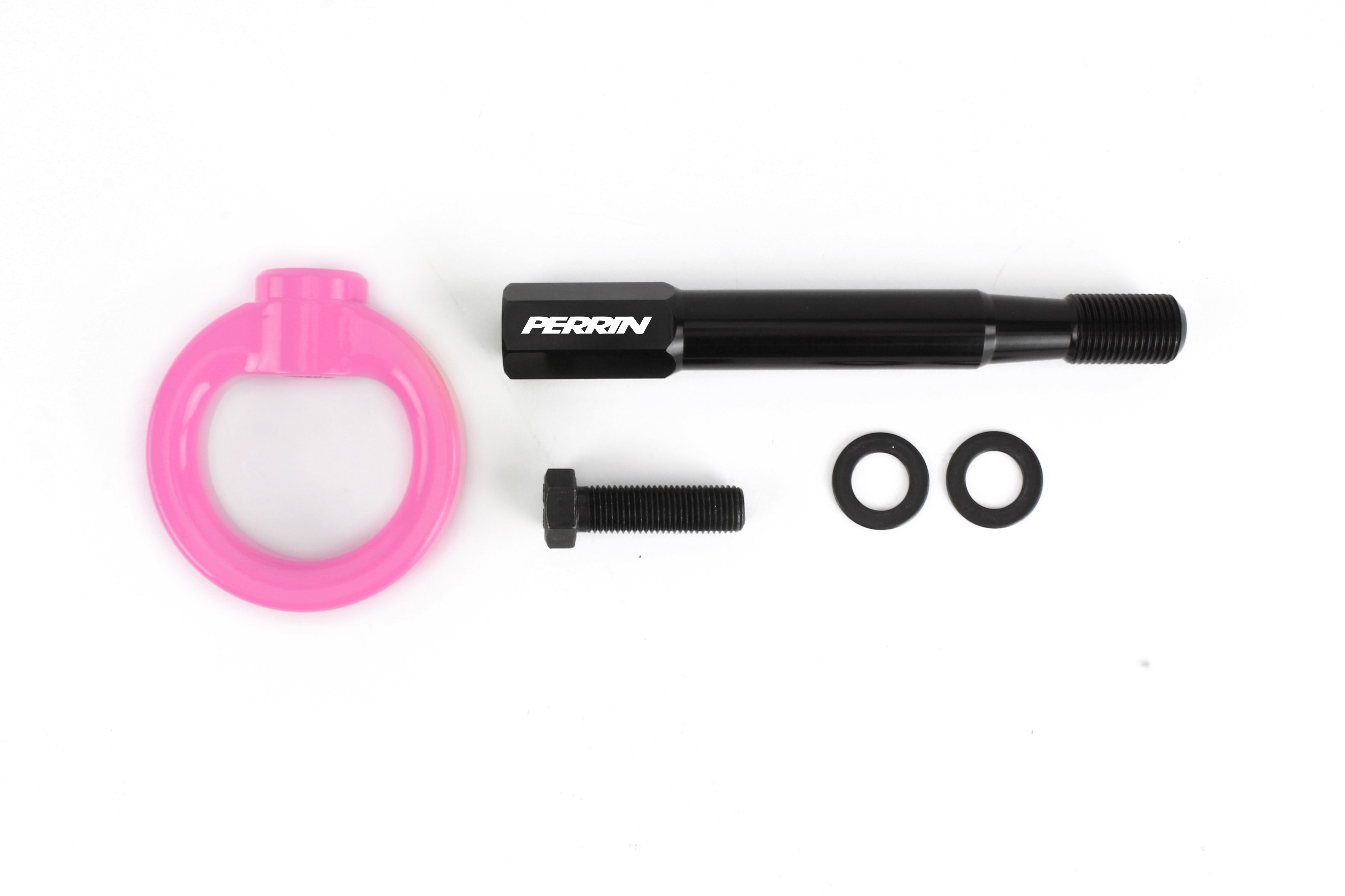 Rear tow hook kit for 2008-2014 WRX and STI hatchbacks, featuring a pink ring and durable black hardware.