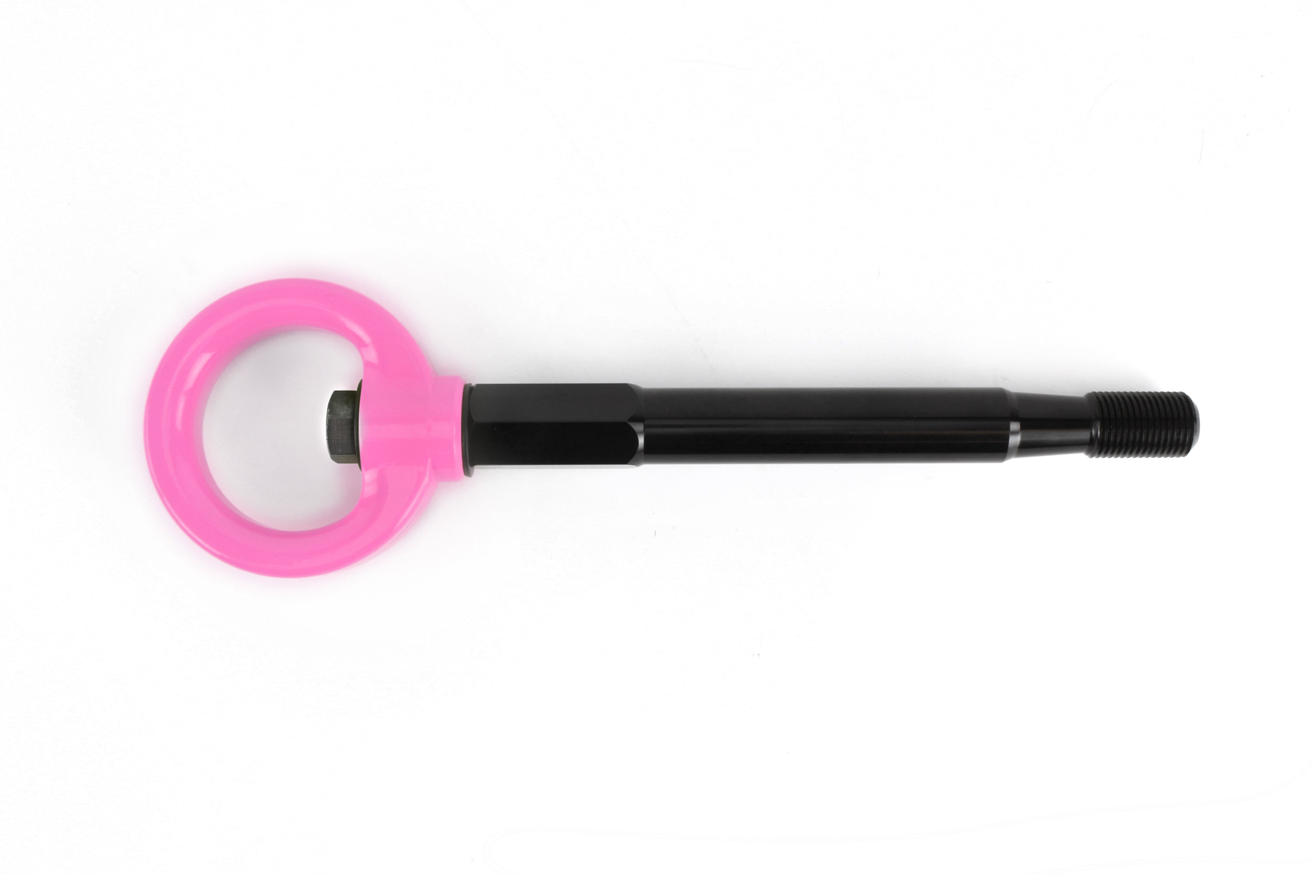 Rear tow hook for 2008-2014 Subaru WRX, STI Sedan, and Outback, featuring a durable black shaft and pink ring.