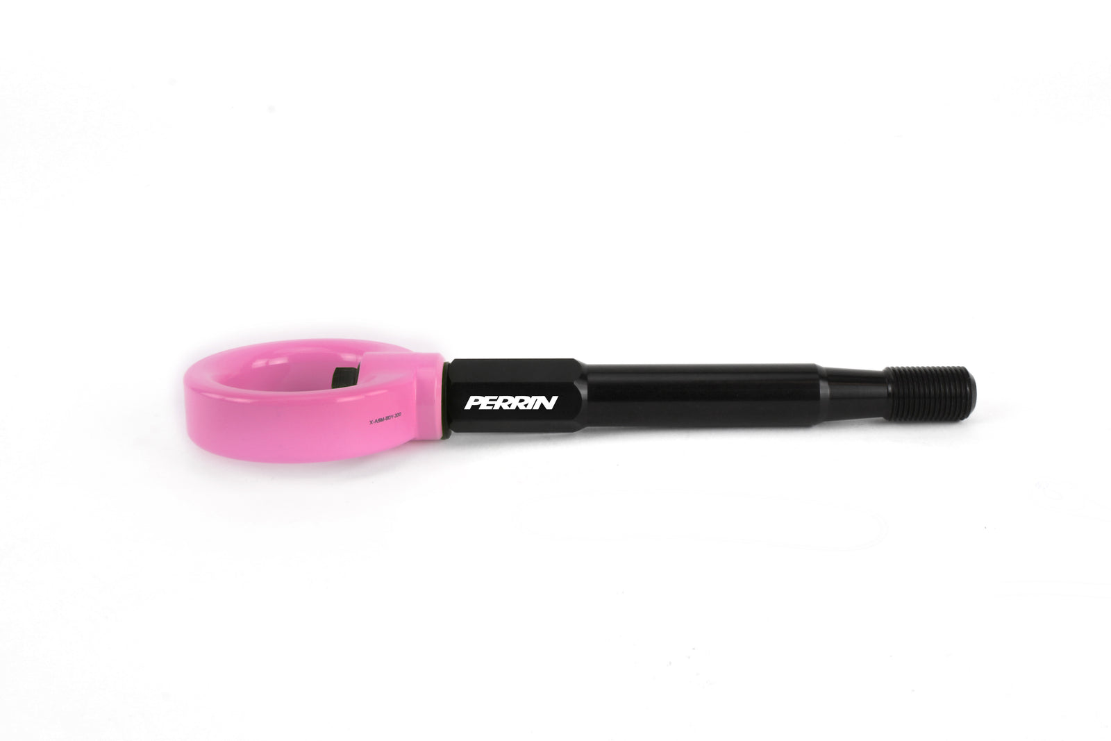 Perrin rear tow hook for 2015-2017 WRX and Crosstrek, featuring a durable design with a pink loop and black shaft.