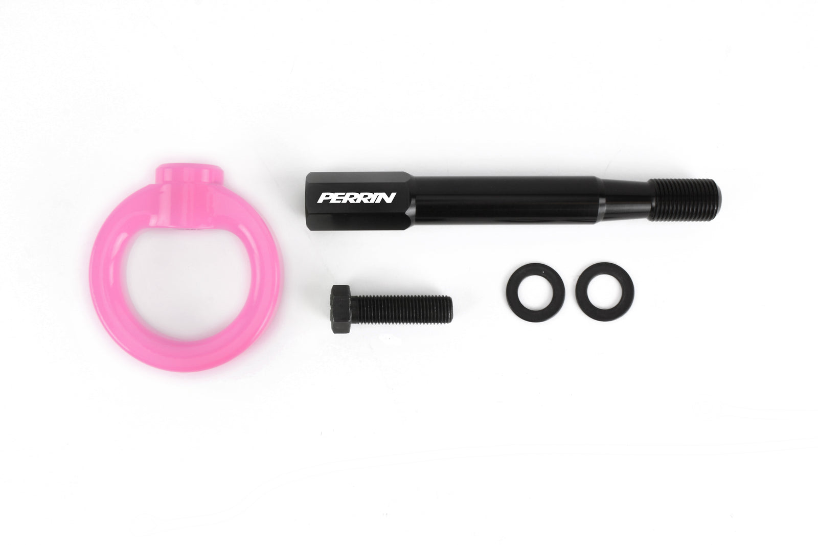 Perrin rear tow hook for 2015-2017 WRX and Crosstrek with mounting hardware in pink and black finish.
