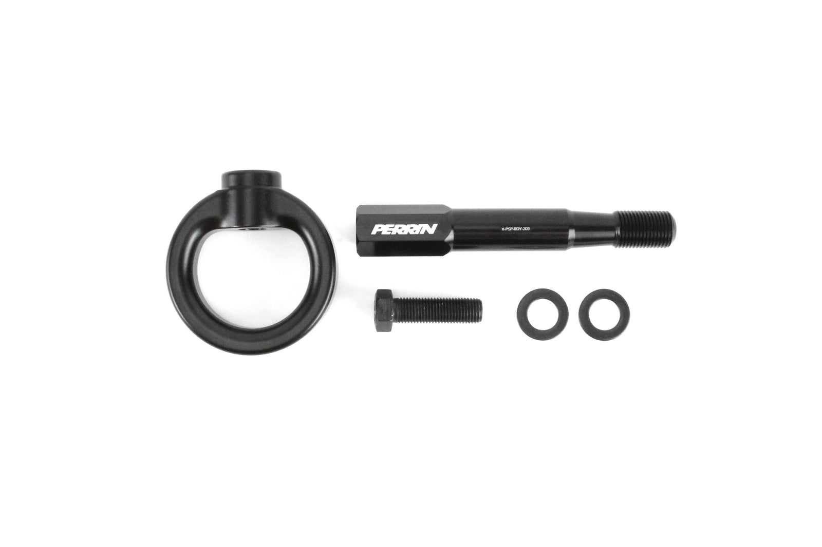 PERRIN rear tow hook for 2014-2019 Subaru Forester and Ascent, includes mounting hardware and durable black finish.