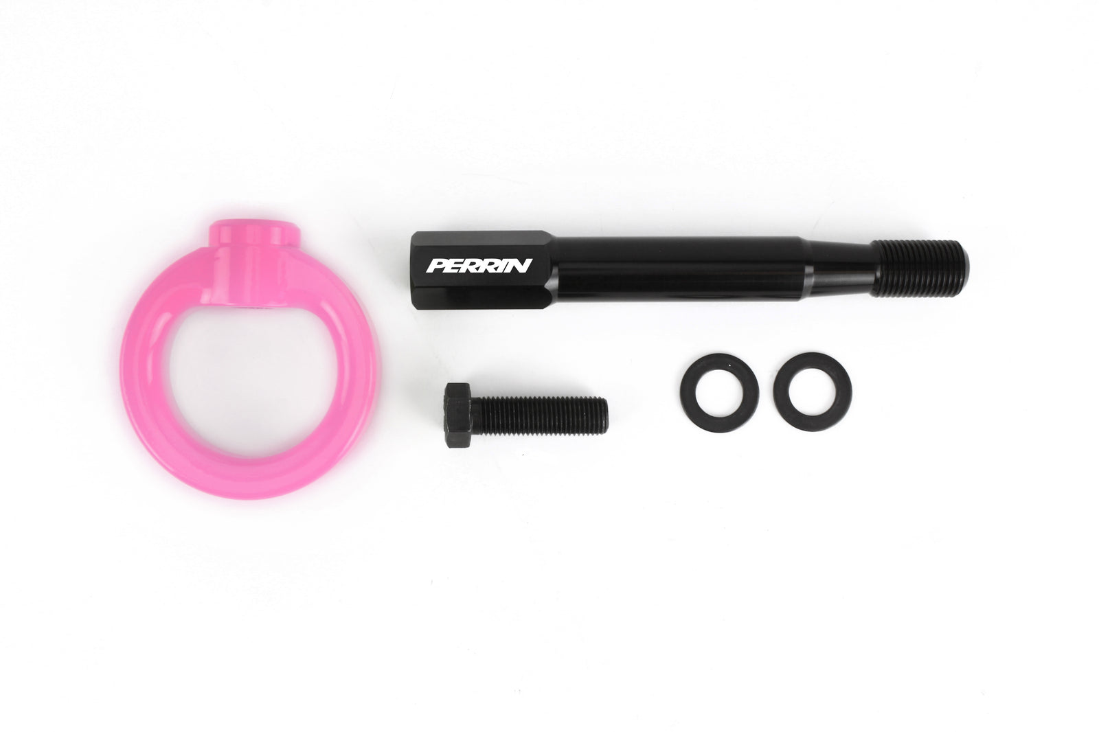 PERRIN rear tow hook kit for 2014-2019 Subaru Forester and Ascent, includes a pink tow ring, bolt, and washers.