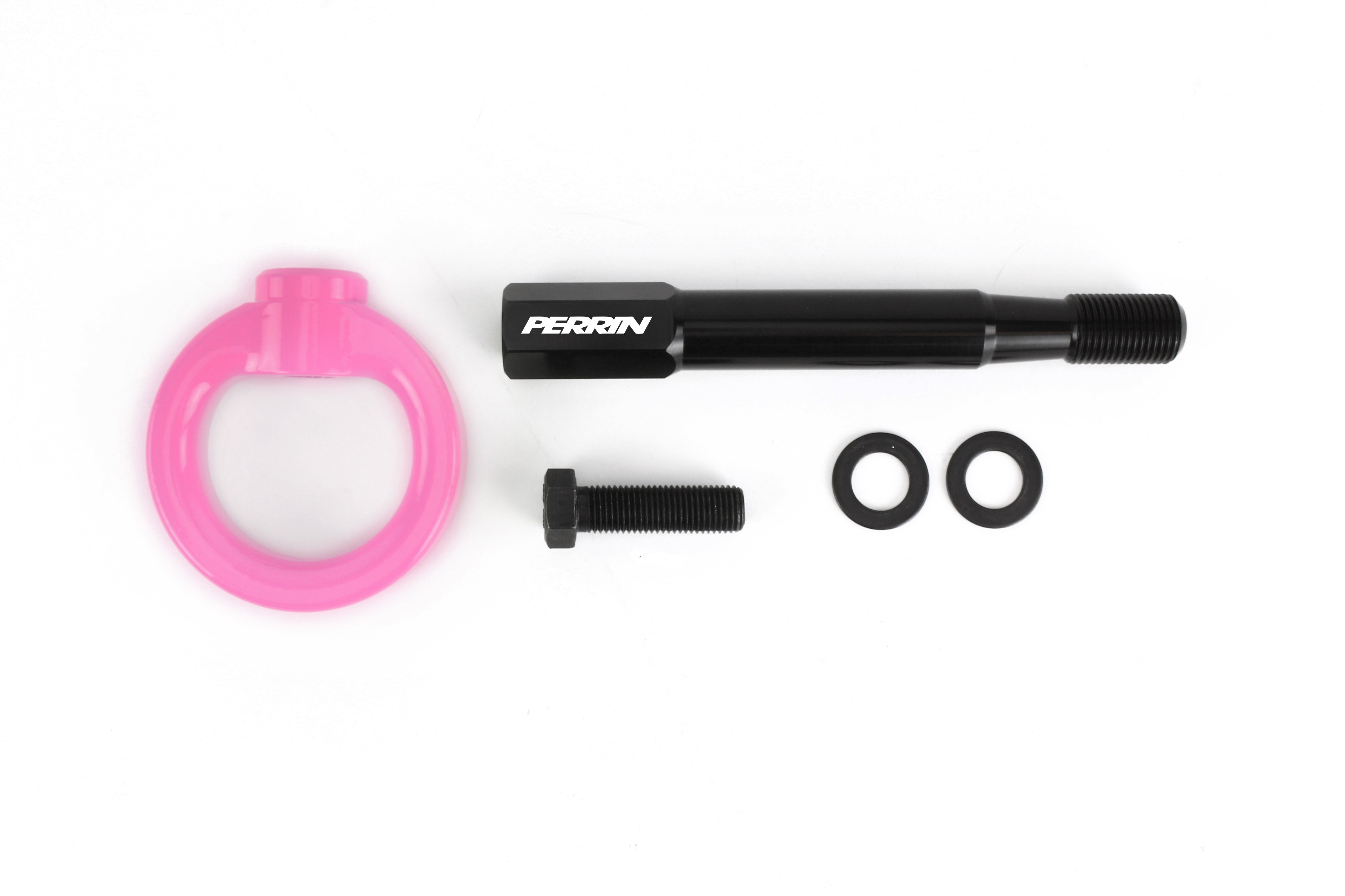 PERRIN rear tow hook kit for 2014-2019 Subaru Forester and Ascent, includes a pink tow ring, bolt, and washers.
