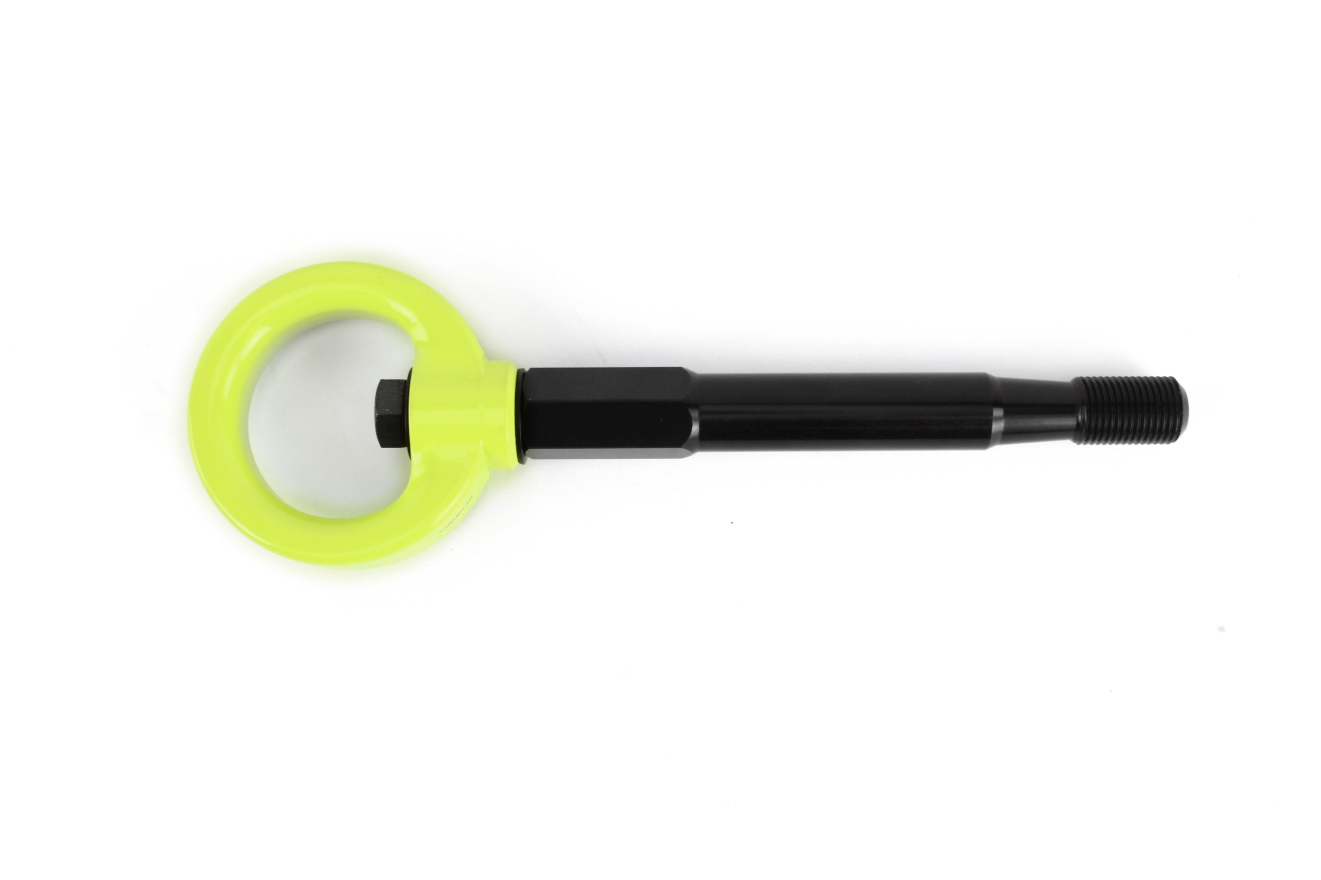 Rear tow hook for 2014-2019 Subaru Forester and Ascent, featuring a bright yellow ring and durable black shaft.