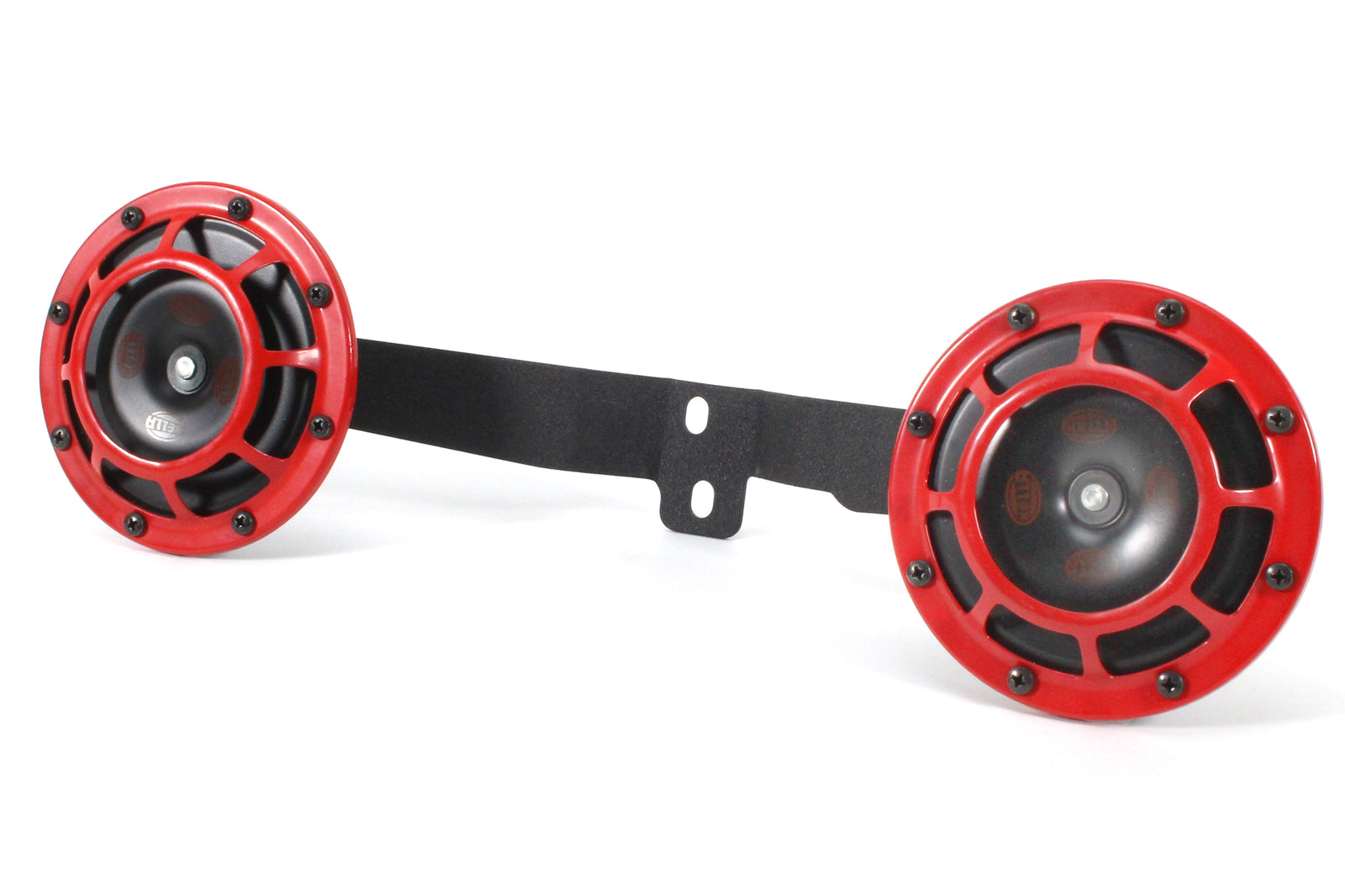 Horn bracket for 2020-2025 Subaru Outback and Legacy featuring dual red horns and a sturdy mounting plate.