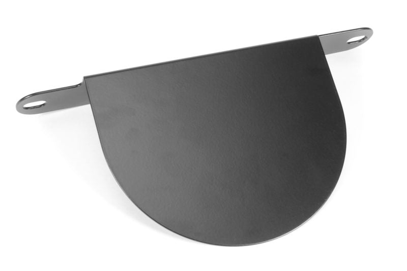 Exhaust cutout plate with a rounded design and two mounting holes, finished in black for durability and performance.