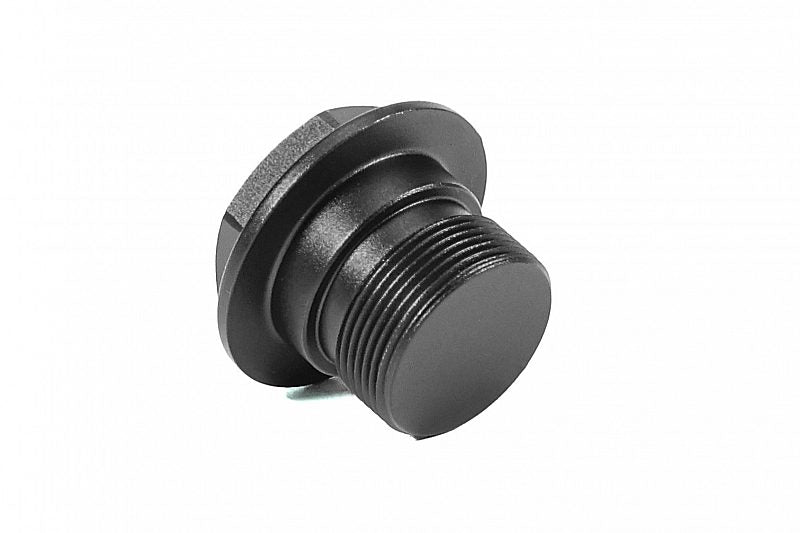 Black clutch delay valve delete component with threaded design for automotive applications.