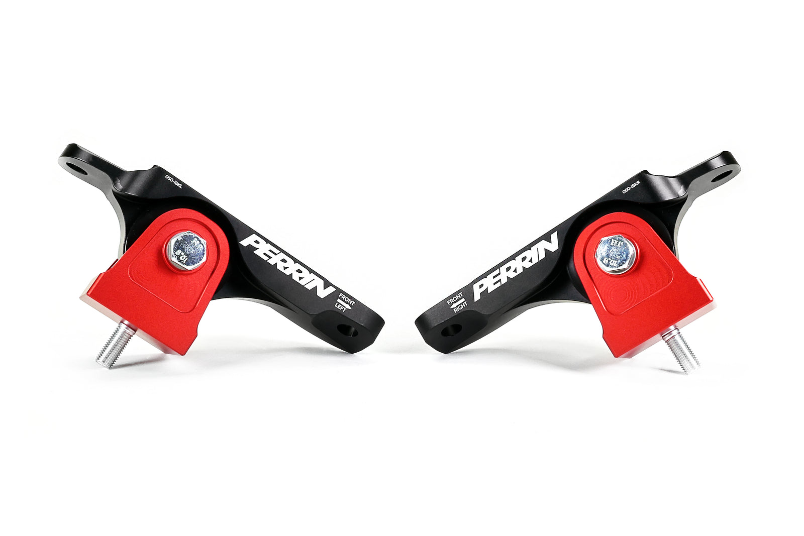 PERRIN Engine Mounts in black billet aluminum with red anodized mounting bases and black bushings.