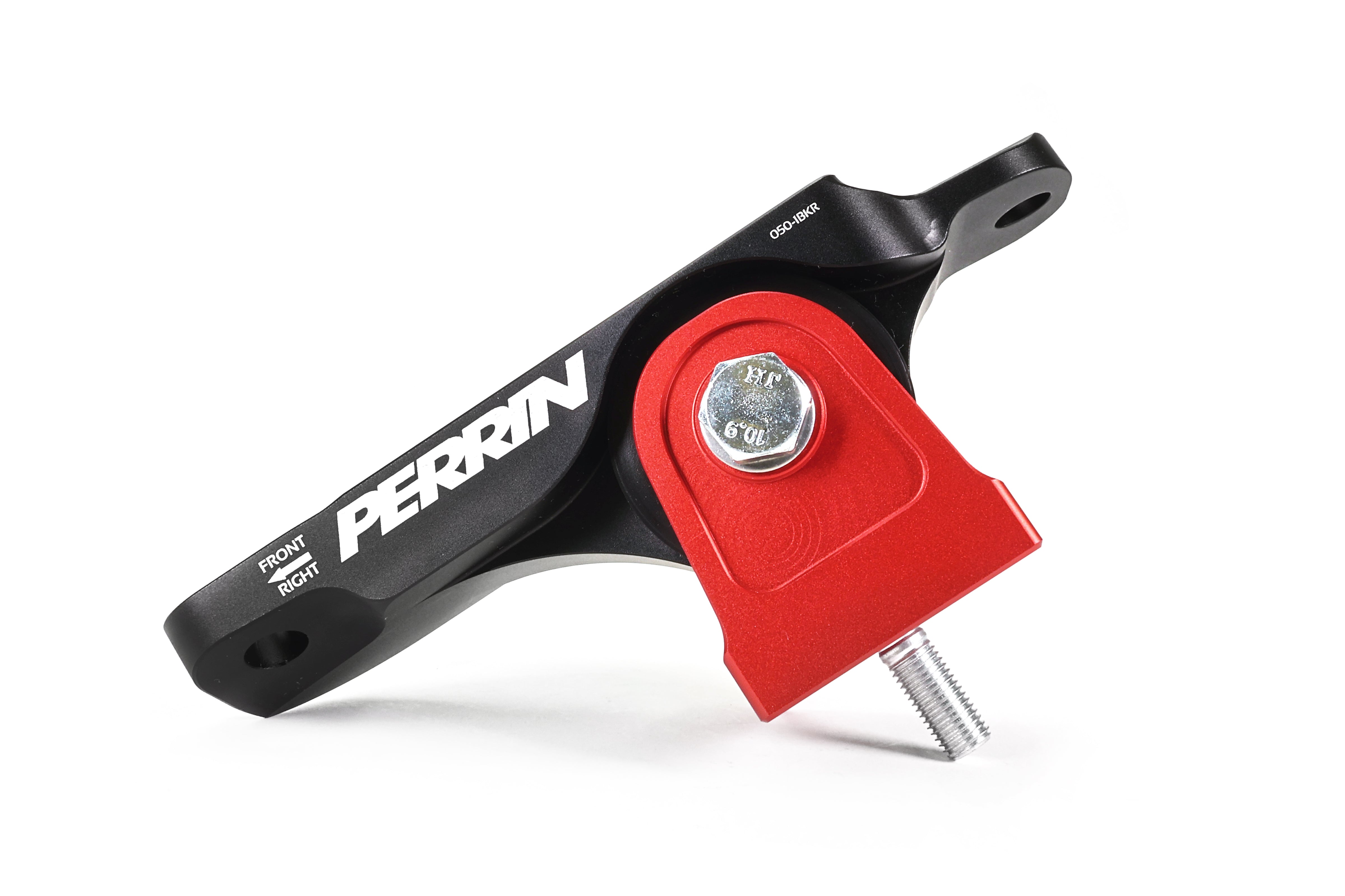 PERRIN Engine Mount in black billet aluminum with red anodized mounting bases and black bushings.