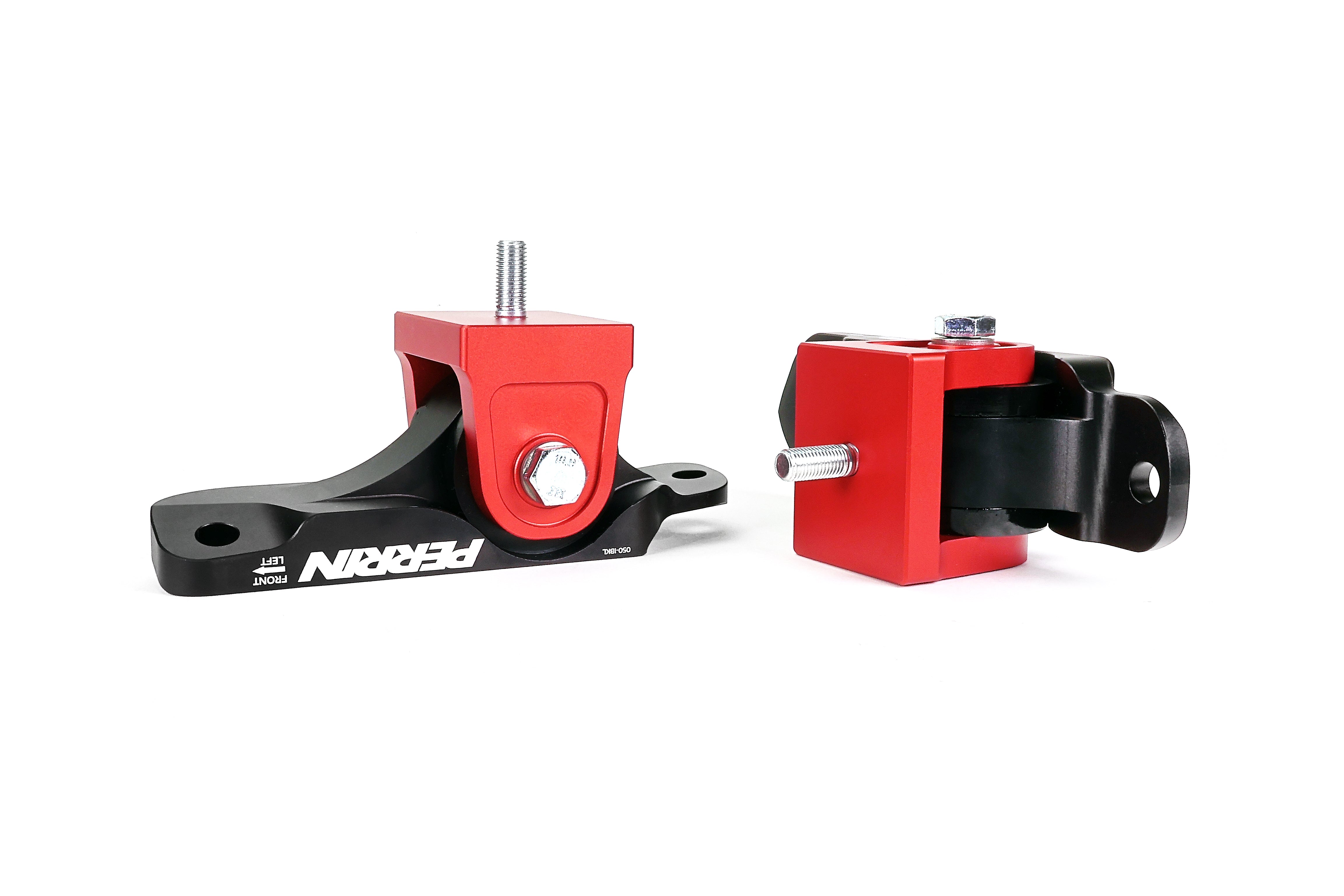 PERRIN Engine Mounts in black billet aluminum with red anodized mounting bases and black bushings.