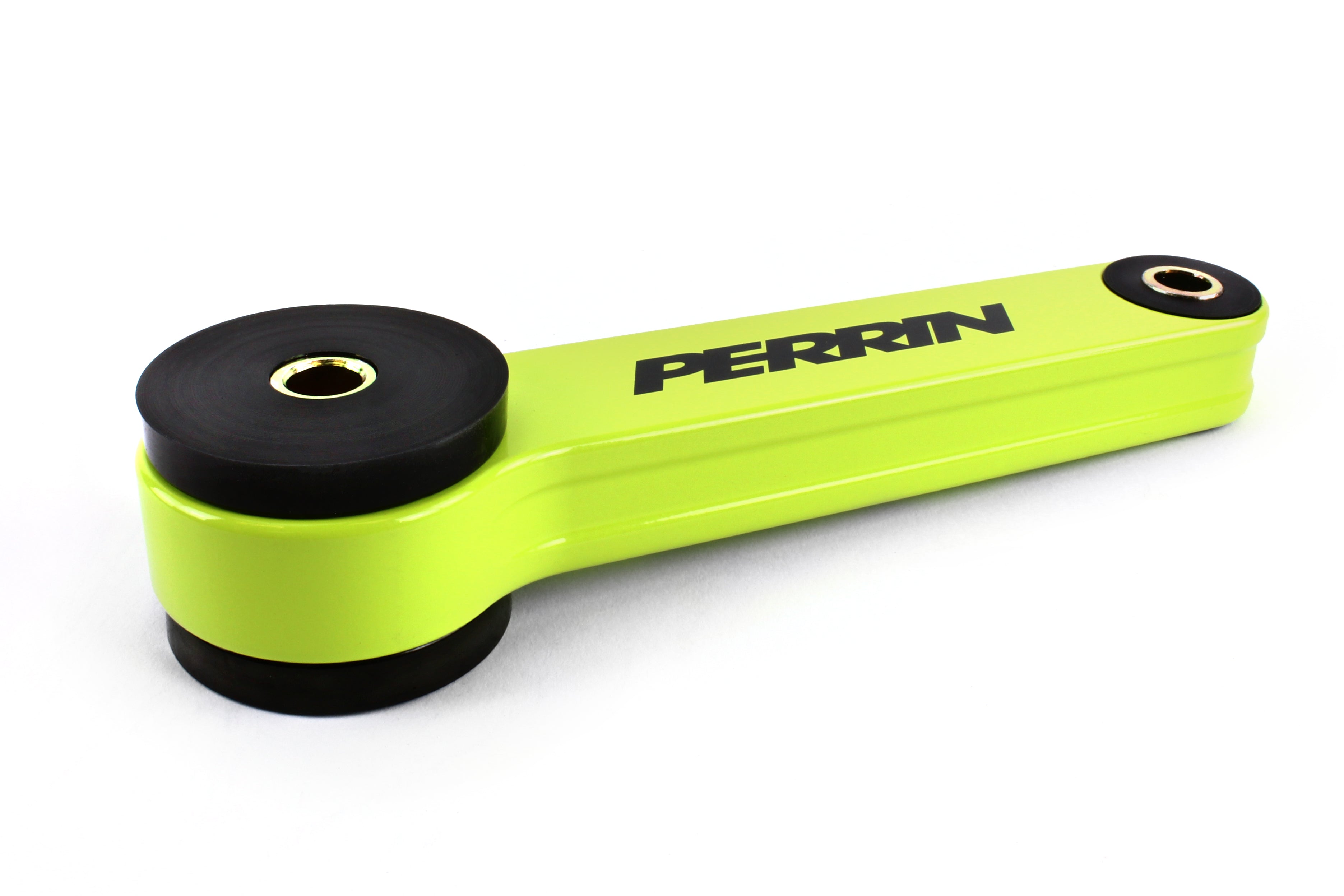 PERRIN Pitch Stop Mount for Subaru WRX, STI, Impreza, Legacy, Outback, and Crosstrek in bright green finish.