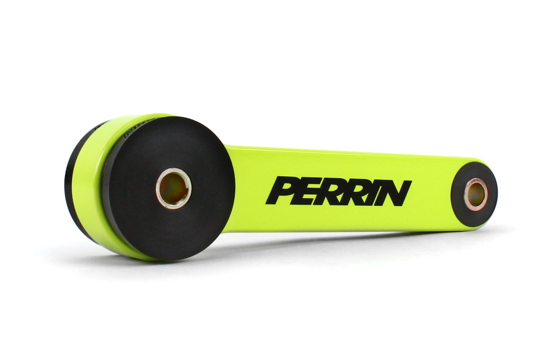 Perrin pitch stop mount for Subaru WRX, STI, Impreza, Legacy, Outback, and Crosstrek in vibrant yellow and black.