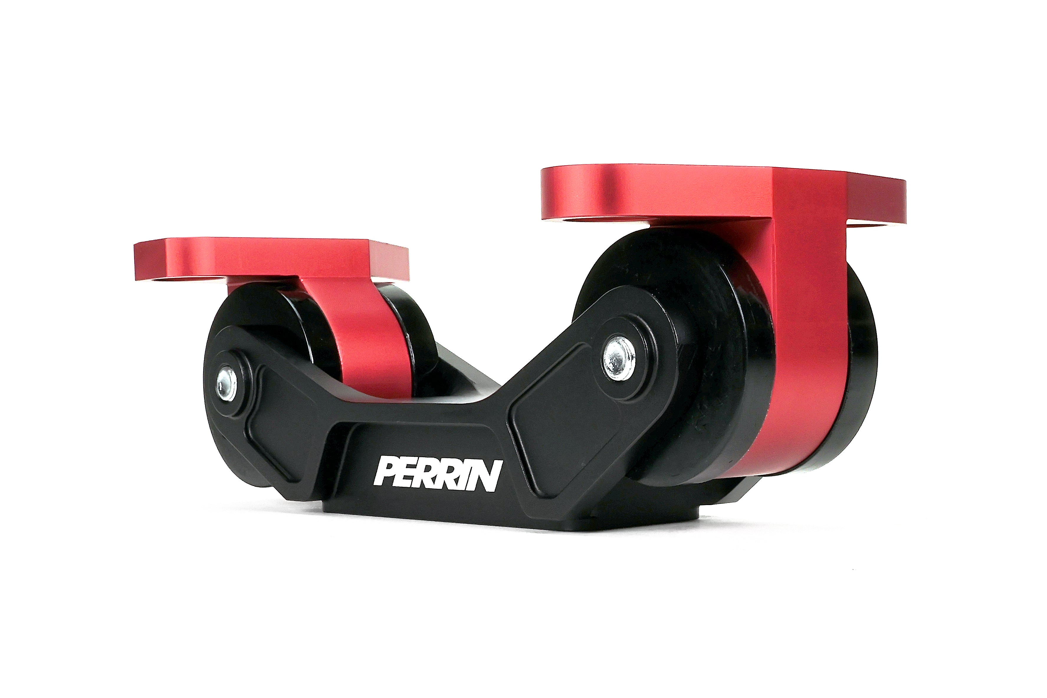 PERRIN Transmission Mount in black billet aluminum with red anodized mounting bases and black bushings