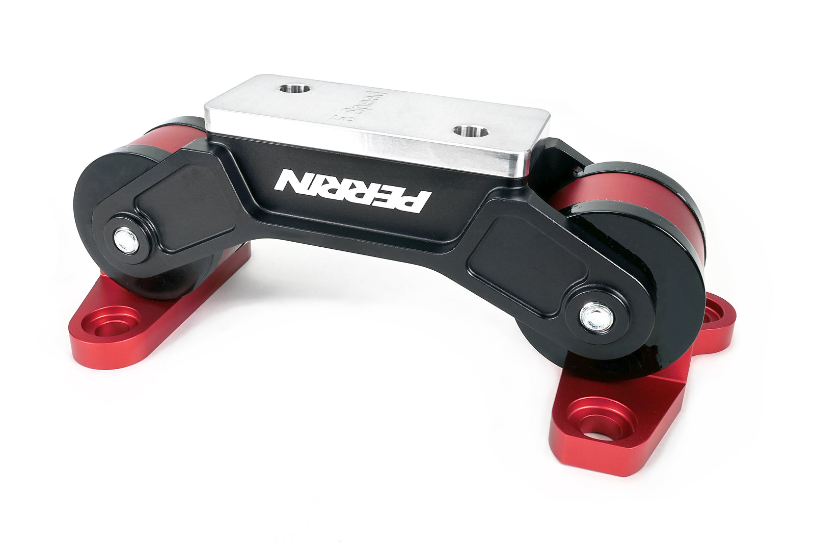 PERRIN Transmission Mount in black billet aluminum with red anodized mounting bases and black bushings