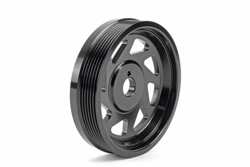 Lightweight crank pulley for WRX/STI, featuring a sleek black finish and multiple grooves for optimal performance.