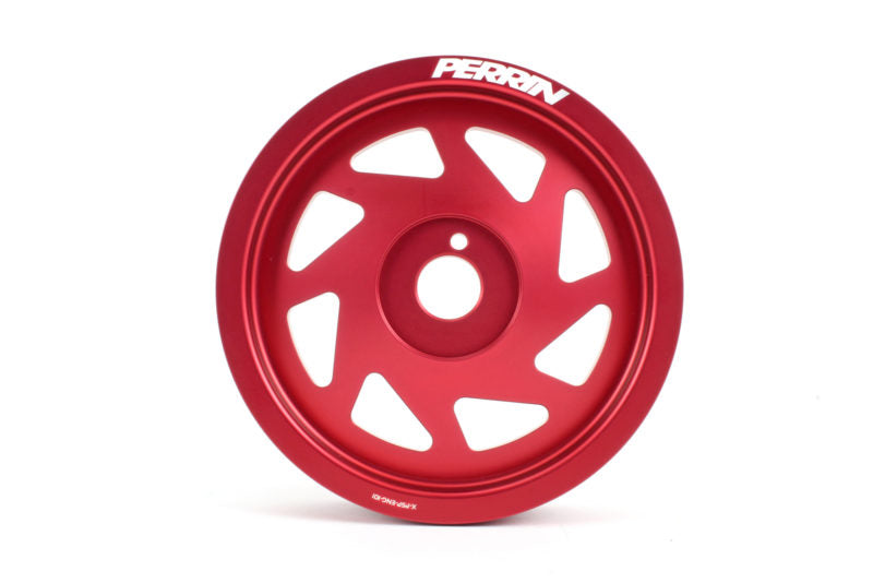 Lightweight red crank pulley designed for WRX/STI, featuring a sleek, multi-spoke design for enhanced performance.