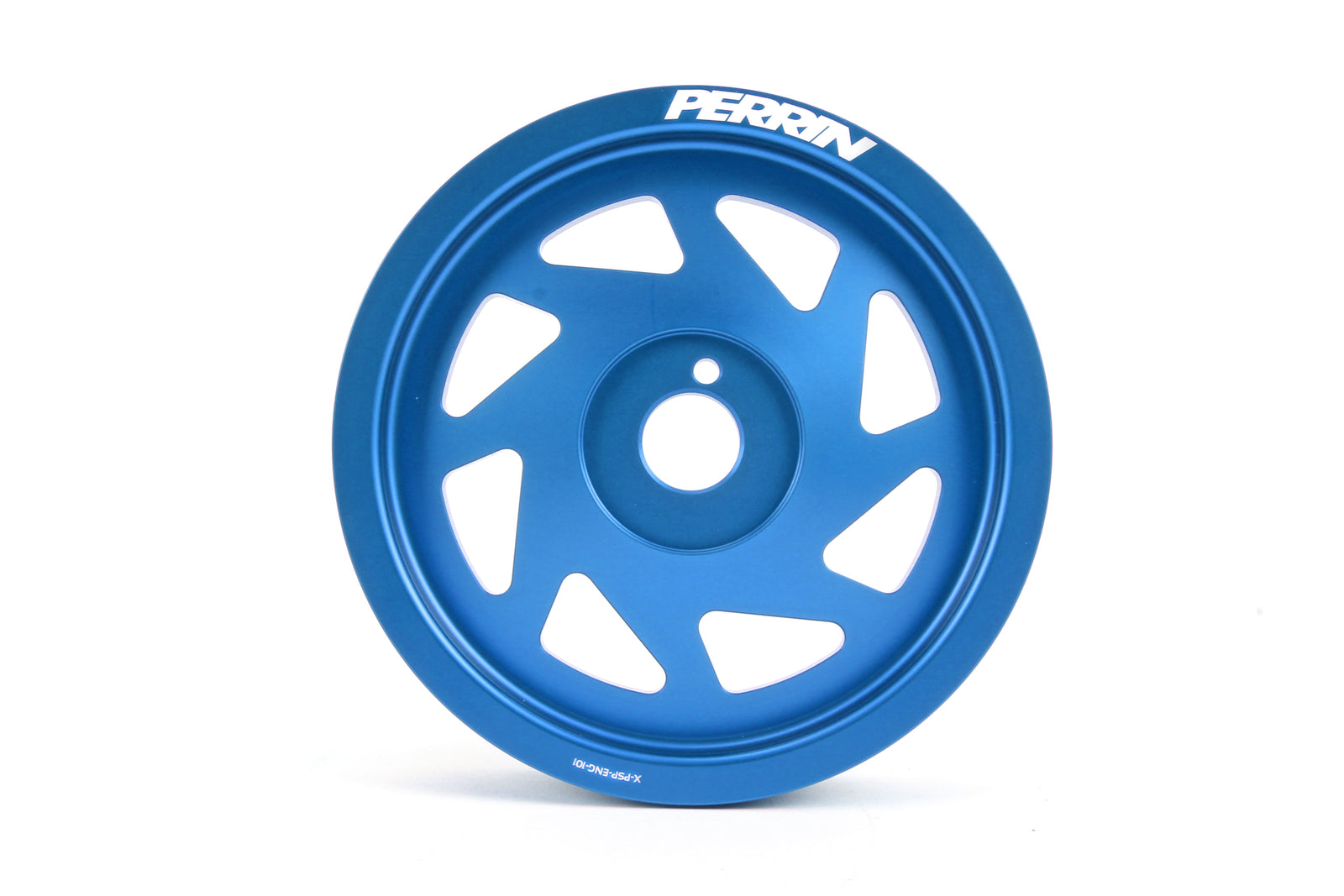Lightweight blue crank pulley designed for 2015-2018 WRX, BRZ, FR-S, 86, Outback, Legacy, Forester, and Crosstrek.