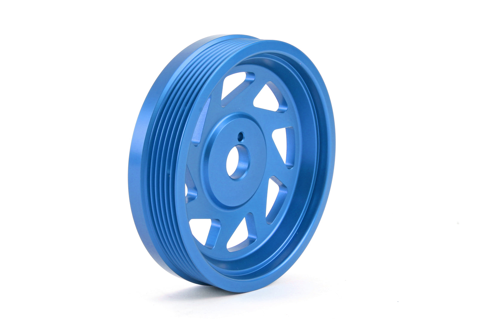 Lightweight blue crank pulley designed for 2015-2018 WRX, BRZ, FR-S, 86, Outback, Legacy, Forester, and Crosstrek.
